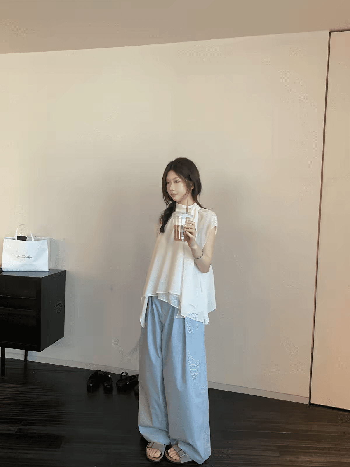 opening 직접 만든 여름 悸动 말뚝 더미 칼라 불규칙 단색 쉬폰 블라우스 맨위 상세 이미지 2