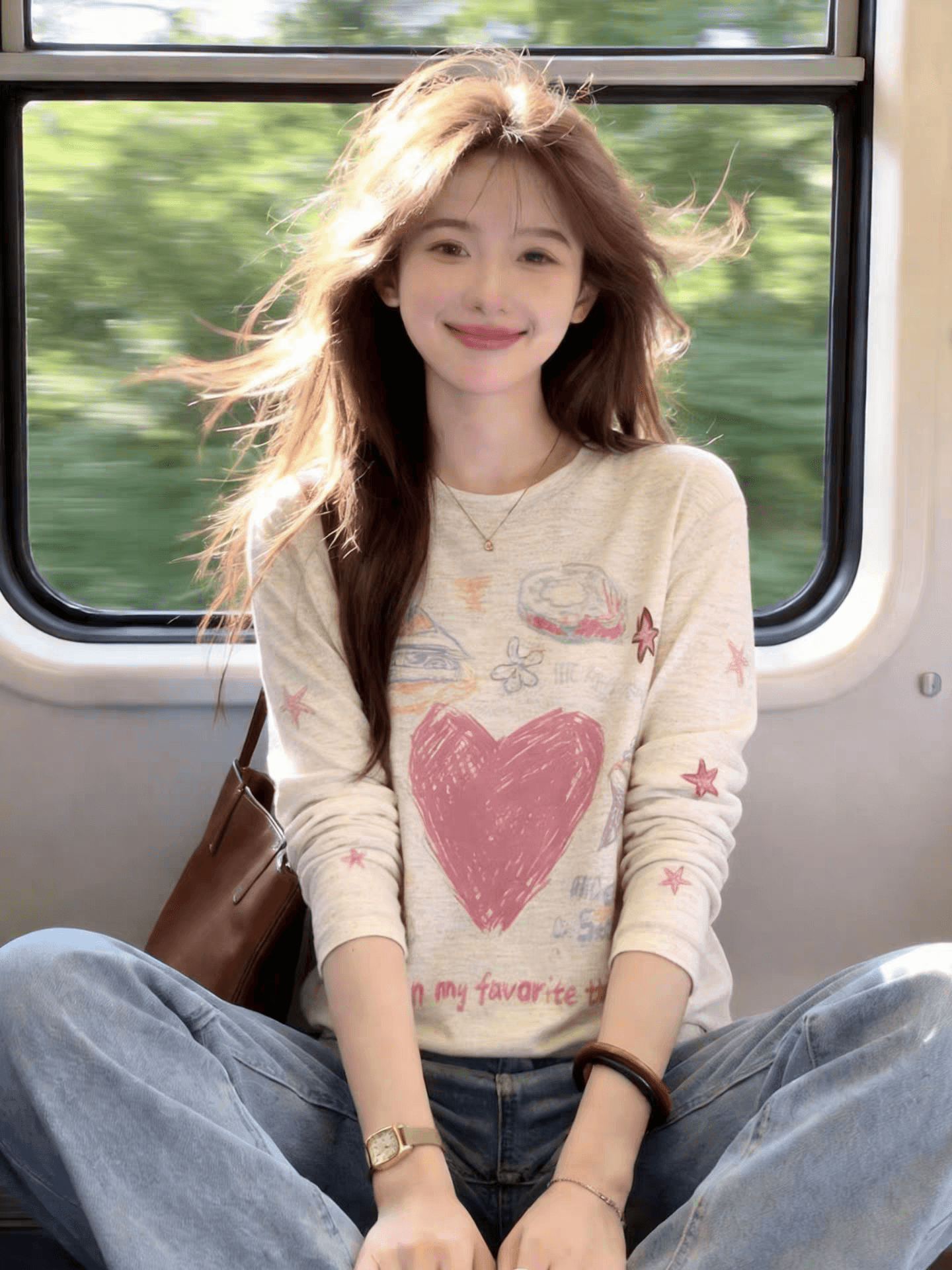 한 부서 착용 가져 가라. 하트 프린트 긴팔 티셔츠 여성 루즈핏 다용도 자외선 차단 의류 패션 외국 가스 연령 감소 만나는 맨위