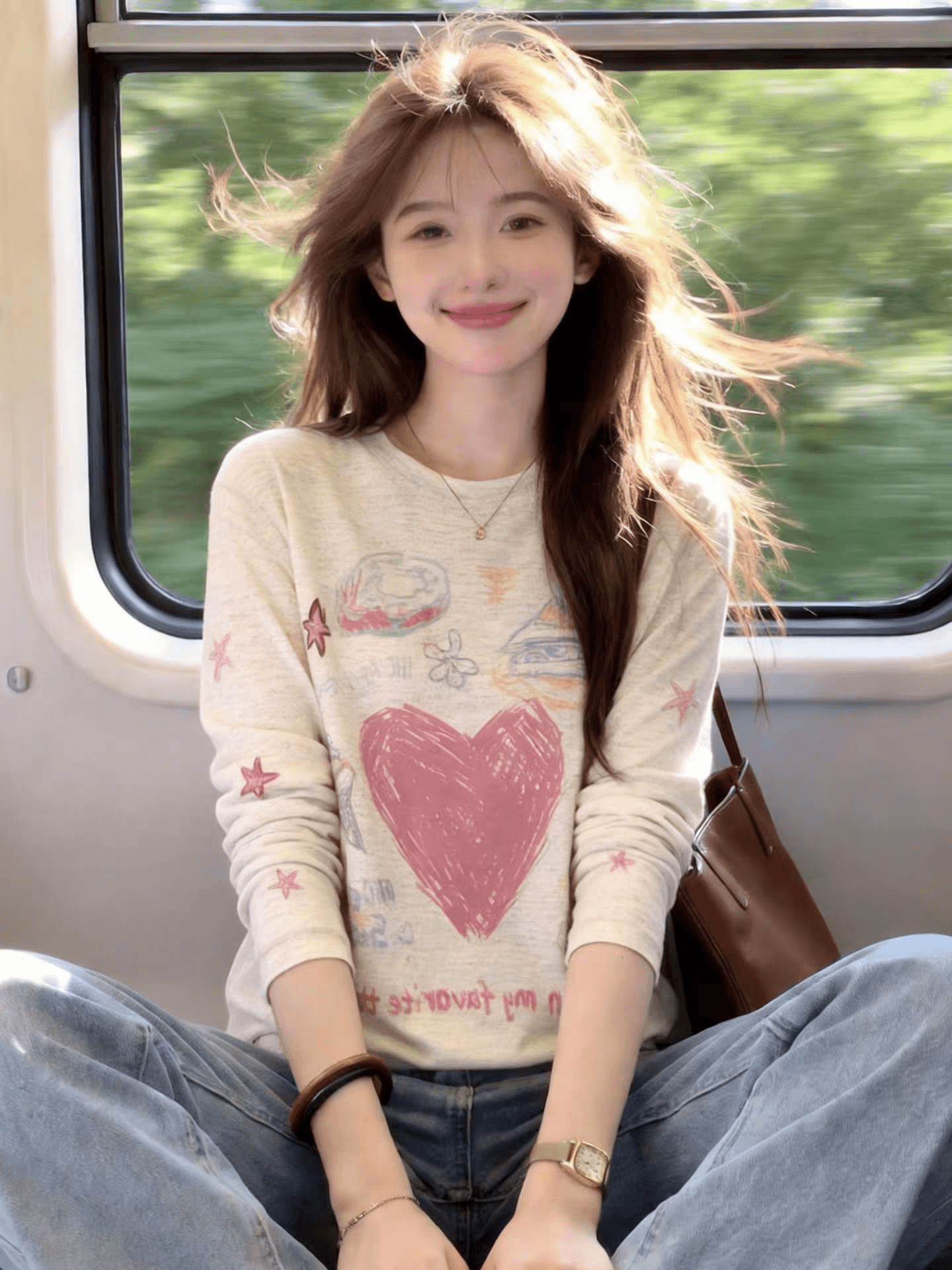 한 부서 착용 가져 가라. 하트 프린트 긴팔 티셔츠 여성 루즈핏 다용도 자외선 차단 의류 패션 외국 가스 연령 감소 만나는 맨위 이미지 4