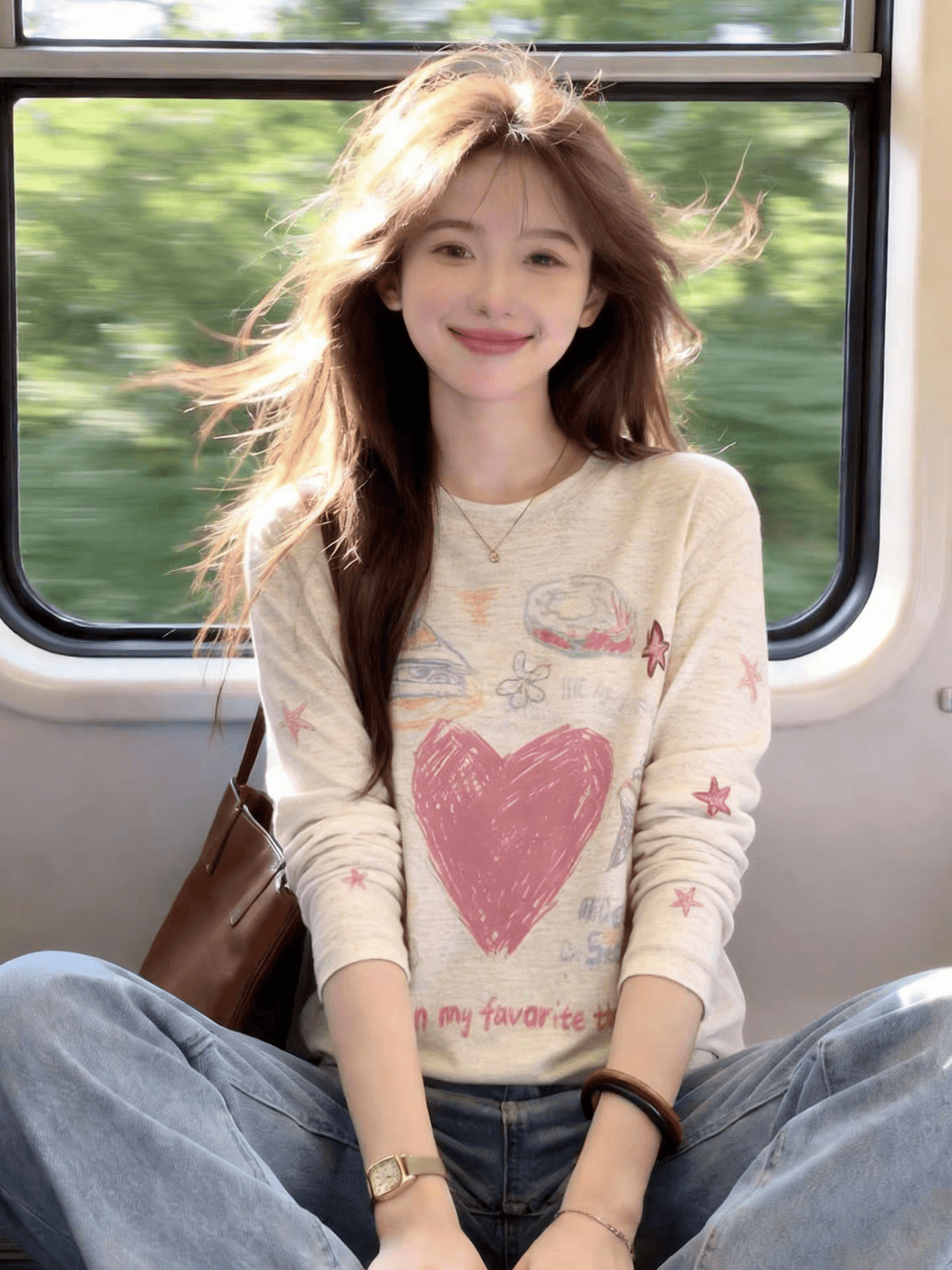 한 부서 착용 가져 가라. 하트 프린트 긴팔 티셔츠 여성 루즈핏 다용도 자외선 차단 의류 패션 외국 가스 연령 감소 만나는 맨위 상세 이미지 3