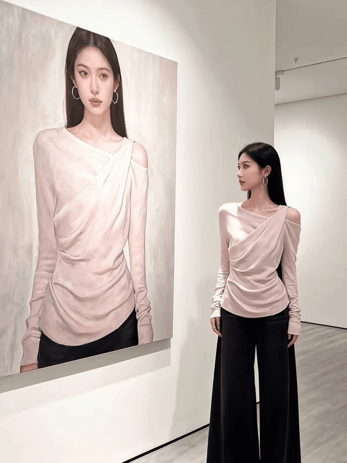 한 부서 핑크색 오프숄더 페이크 레이어드 긴팔 티셔츠 여성 봄 새로운 순수한 욕망 비스듬한 어깨 몸매 가꾸기 허리 수축 만나는 맨위 이미지 4