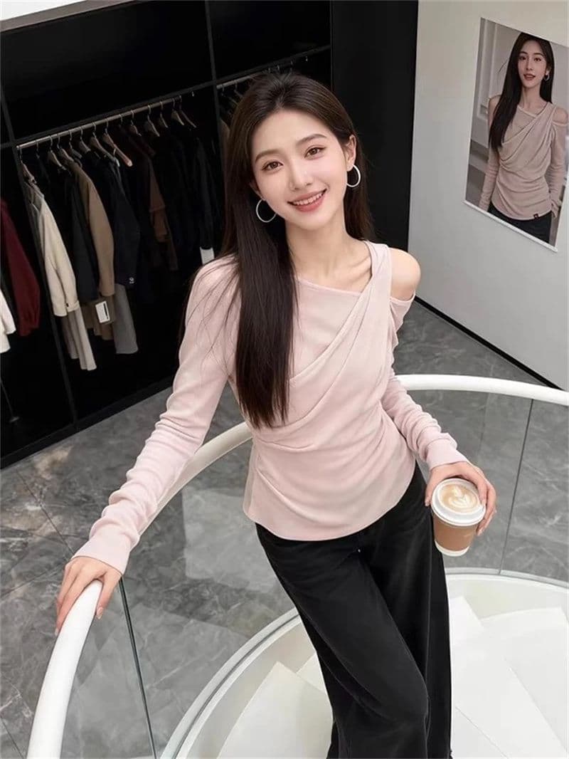한 부서 핑크색 오프숄더 페이크 레이어드 긴팔 티셔츠 여성 봄 새로운 순수한 욕망 비스듬한 어깨 몸매 가꾸기 허리 수축 만나는 맨위 상세 이미지 1