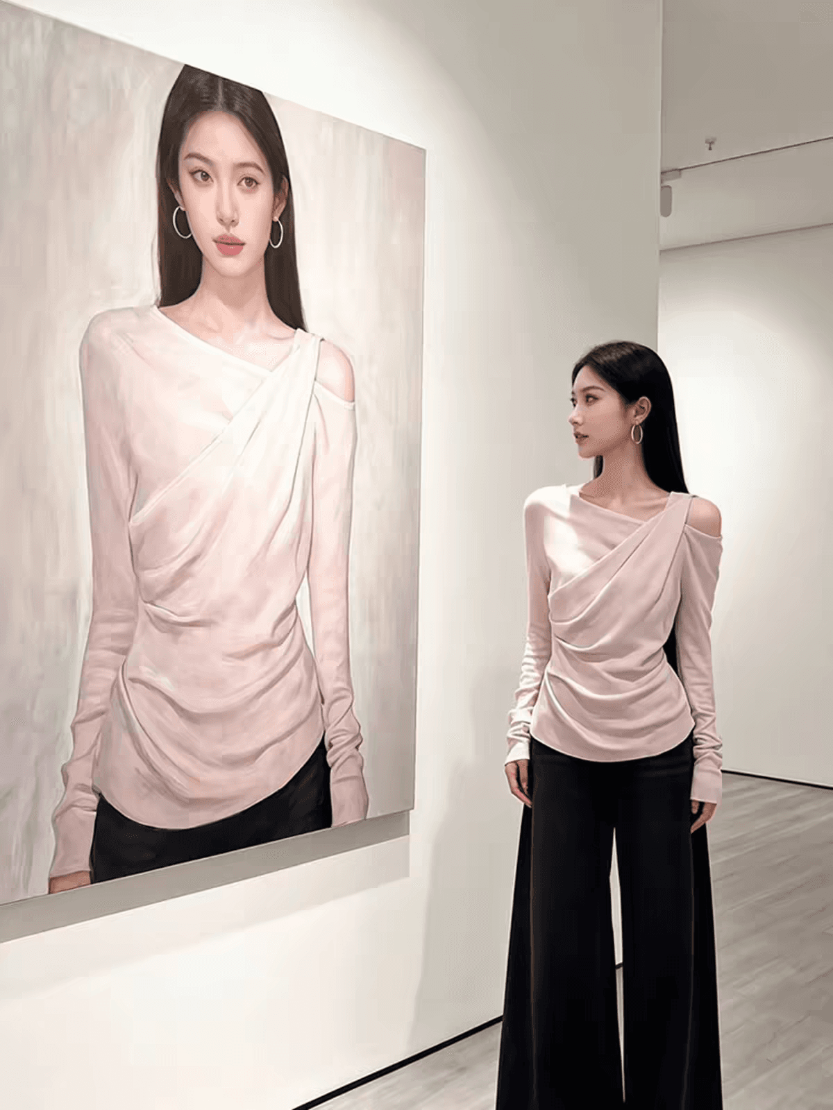 한 부서 핑크색 오프숄더 페이크 레이어드 긴팔 티셔츠 여성 봄 새로운 순수한 욕망 비스듬한 어깨 몸매 가꾸기 허리 수축 만나는 맨위 상세 이미지 2