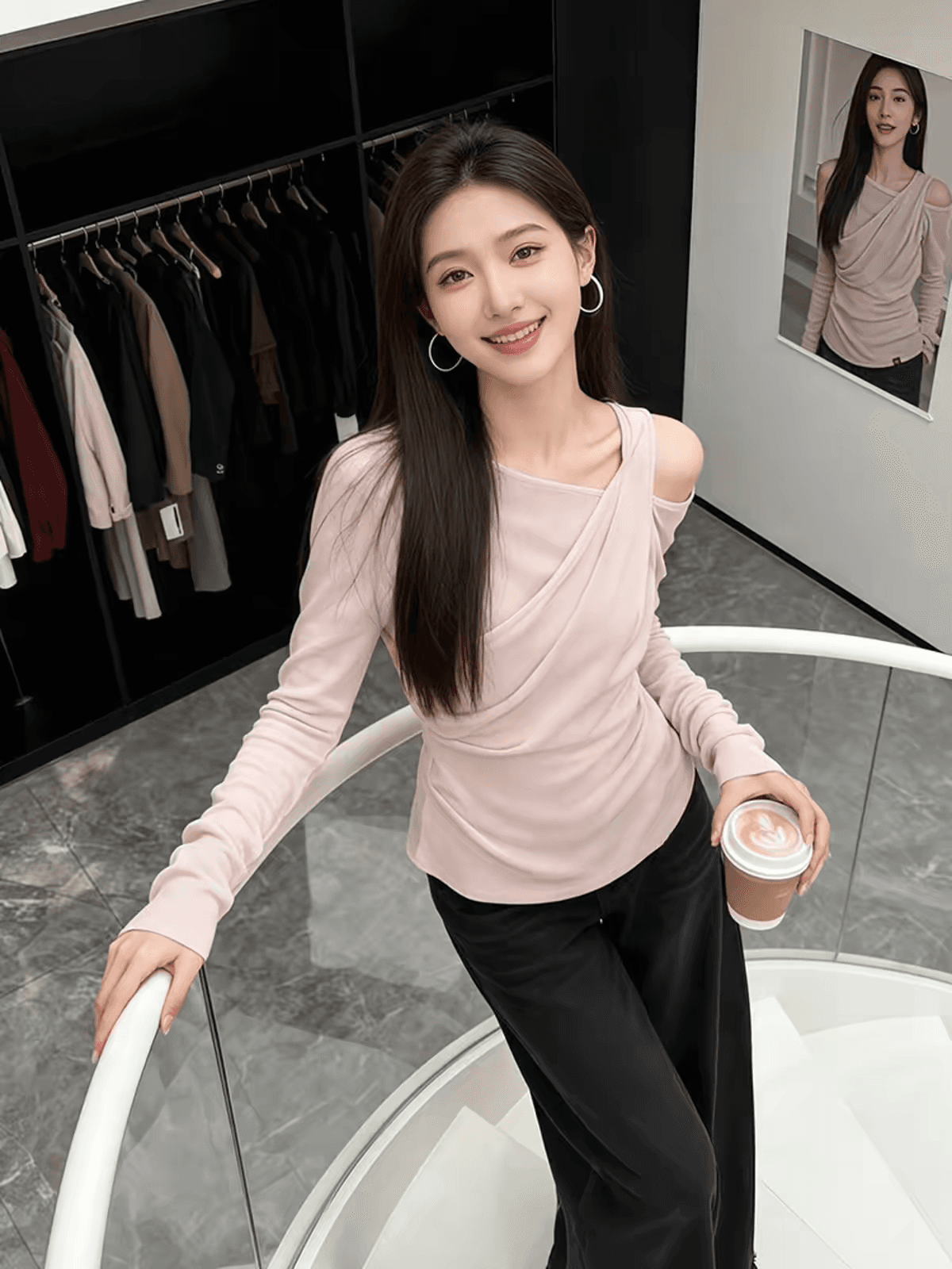 한 부서 핑크색 오프숄더 페이크 레이어드 긴팔 티셔츠 여성 봄 새로운 순수한 욕망 비스듬한 어깨 몸매 가꾸기 허리 수축 만나는 맨위 상세 이미지 3