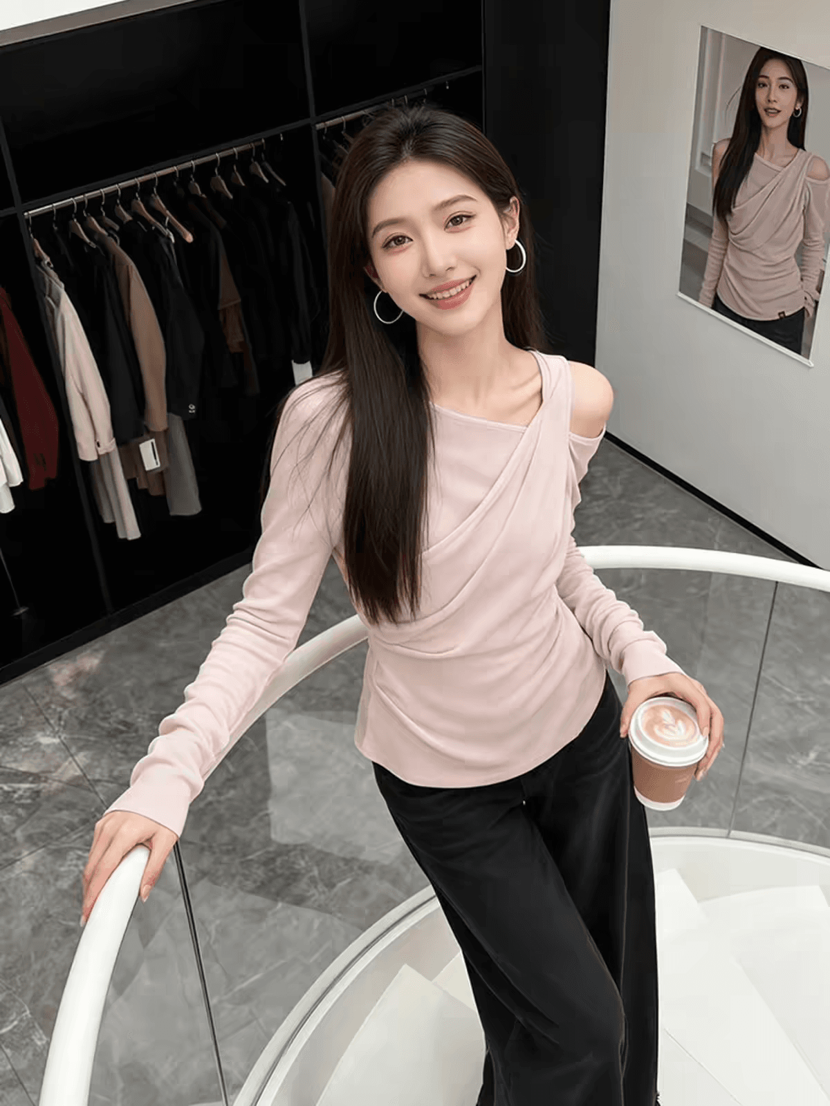 한 부서 핑크색 오프숄더 페이크 레이어드 긴팔 티셔츠 여성 봄 새로운 순수한 욕망 비스듬한 어깨 몸매 가꾸기 허리 수축 만나는 맨위 상세 이미지 5