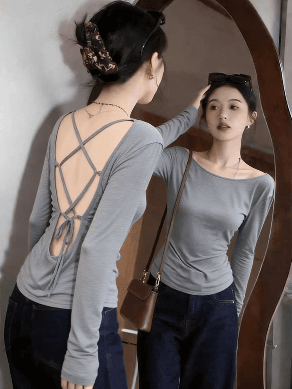 핫걸 순수한 욕망 백리스 회색 긴팔 티셔츠 여성 얇은 스타일 봄 여름 외출용 자외선 차단 블라우스 디자인 센스 작은 맨위 이미지 2
