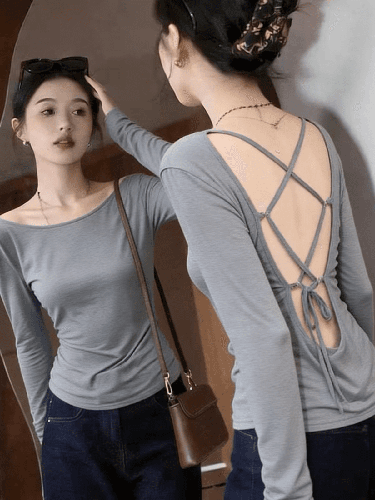 핫걸 순수한 욕망 백리스 회색 긴팔 티셔츠 여성 얇은 스타일 봄 여름 외출용 자외선 차단 블라우스 디자인 센스 작은 맨위 상세 이미지 4