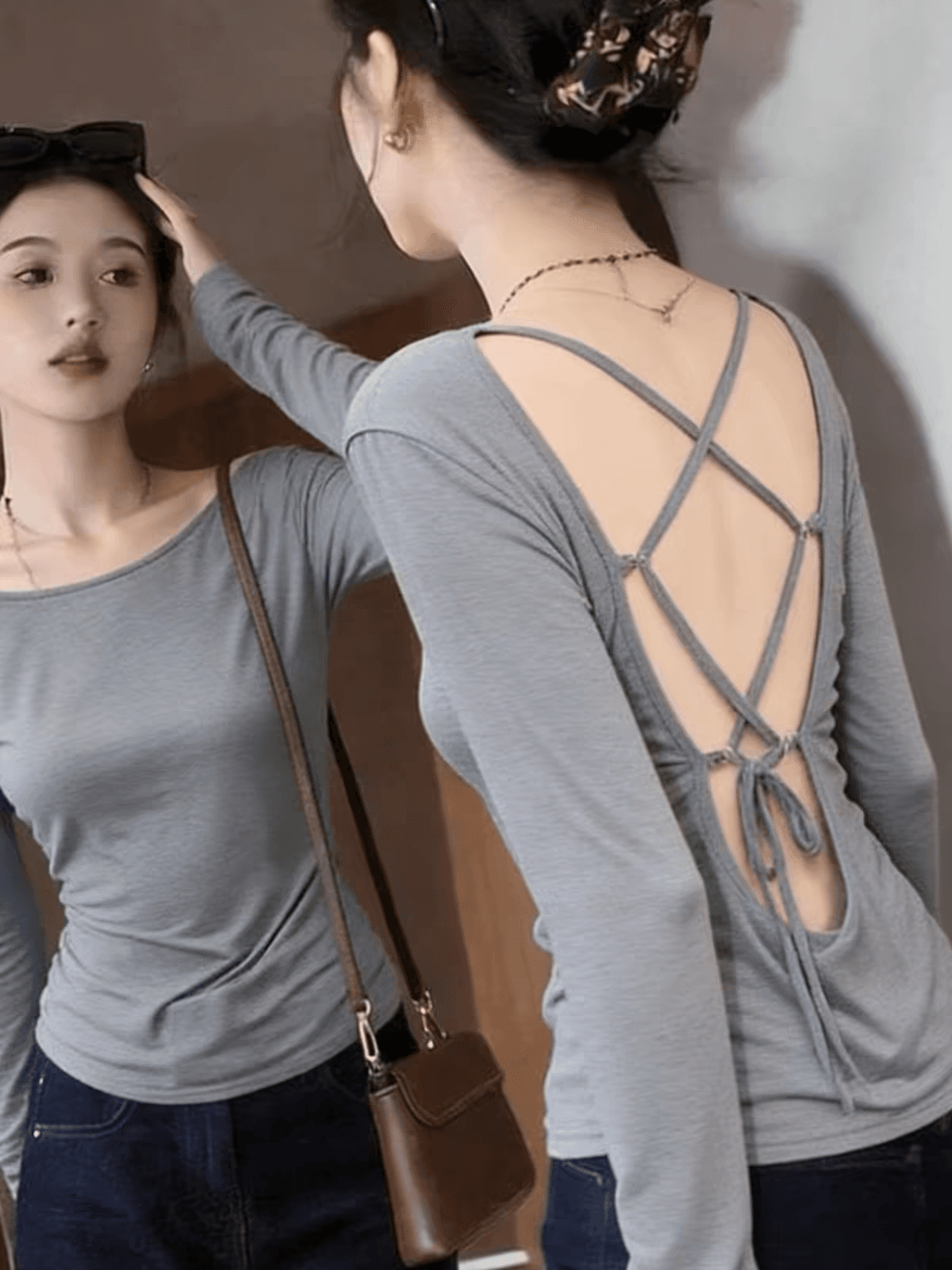 핫걸 순수한 욕망 백리스 회색 긴팔 티셔츠 여성 얇은 스타일 봄 여름 외출용 자외선 차단 블라우스 디자인 센스 작은 맨위 상세 이미지 6