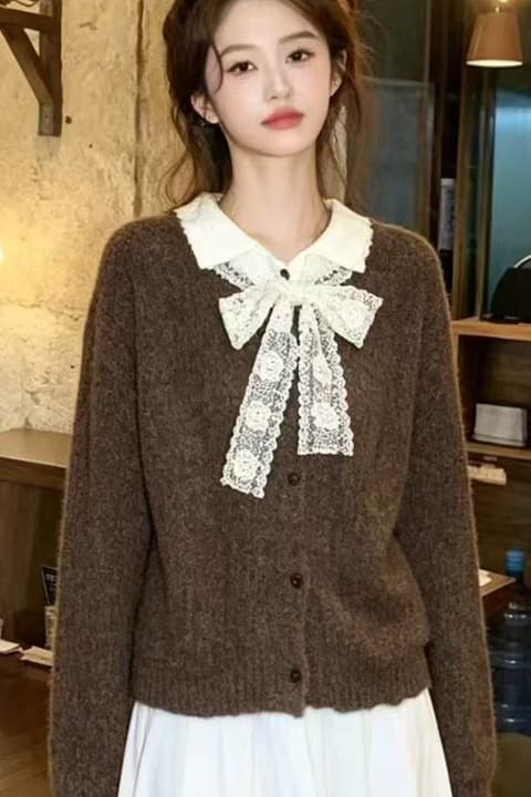 폴로 칼라 페이크 레이어드 스웨터 여성 코트 가을 겨울철 새로운 레이스 나비 매듭 니트 오픈 가디건 쇼트 스타일 맨위 상세 이미지 7