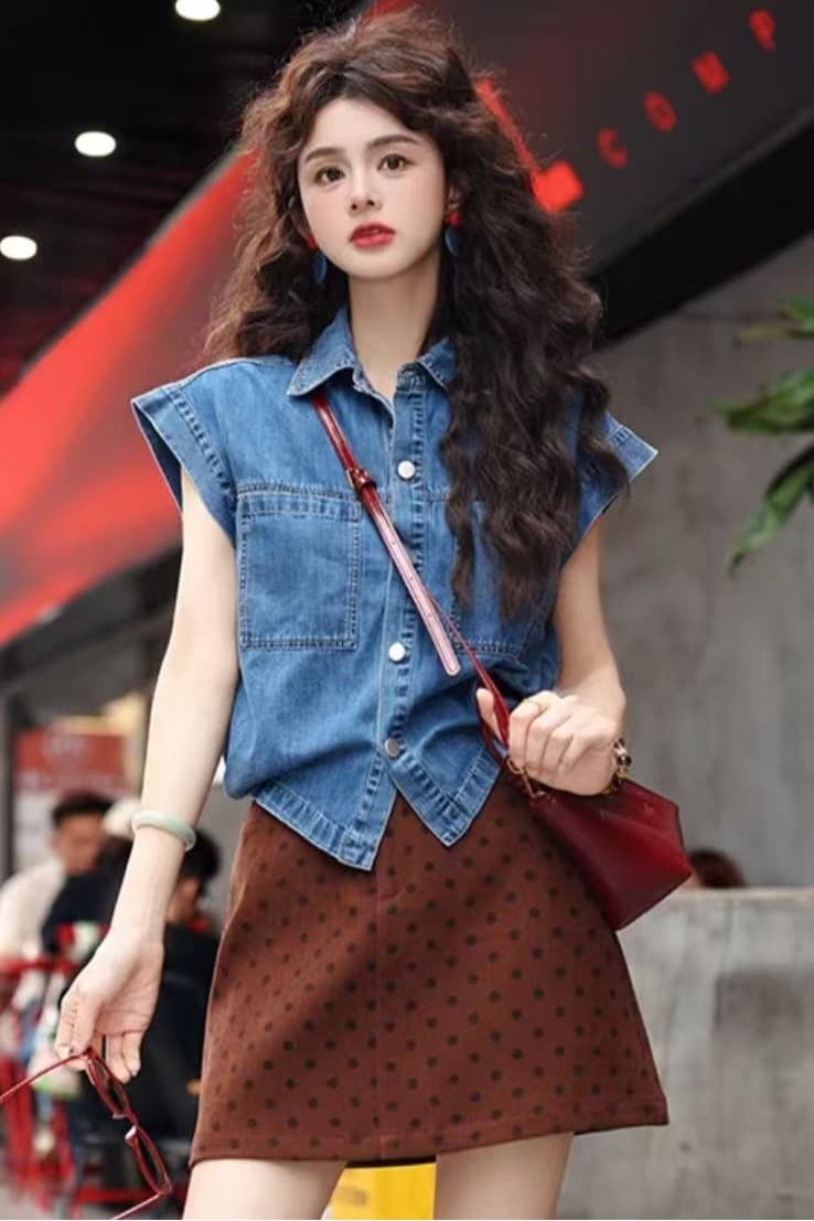 첸 좋은 청소 여름 바다 소금 레트로 데님 셔츠 여자 외출용 디자인 센스 캐주얼 맨위 상세 이미지 6