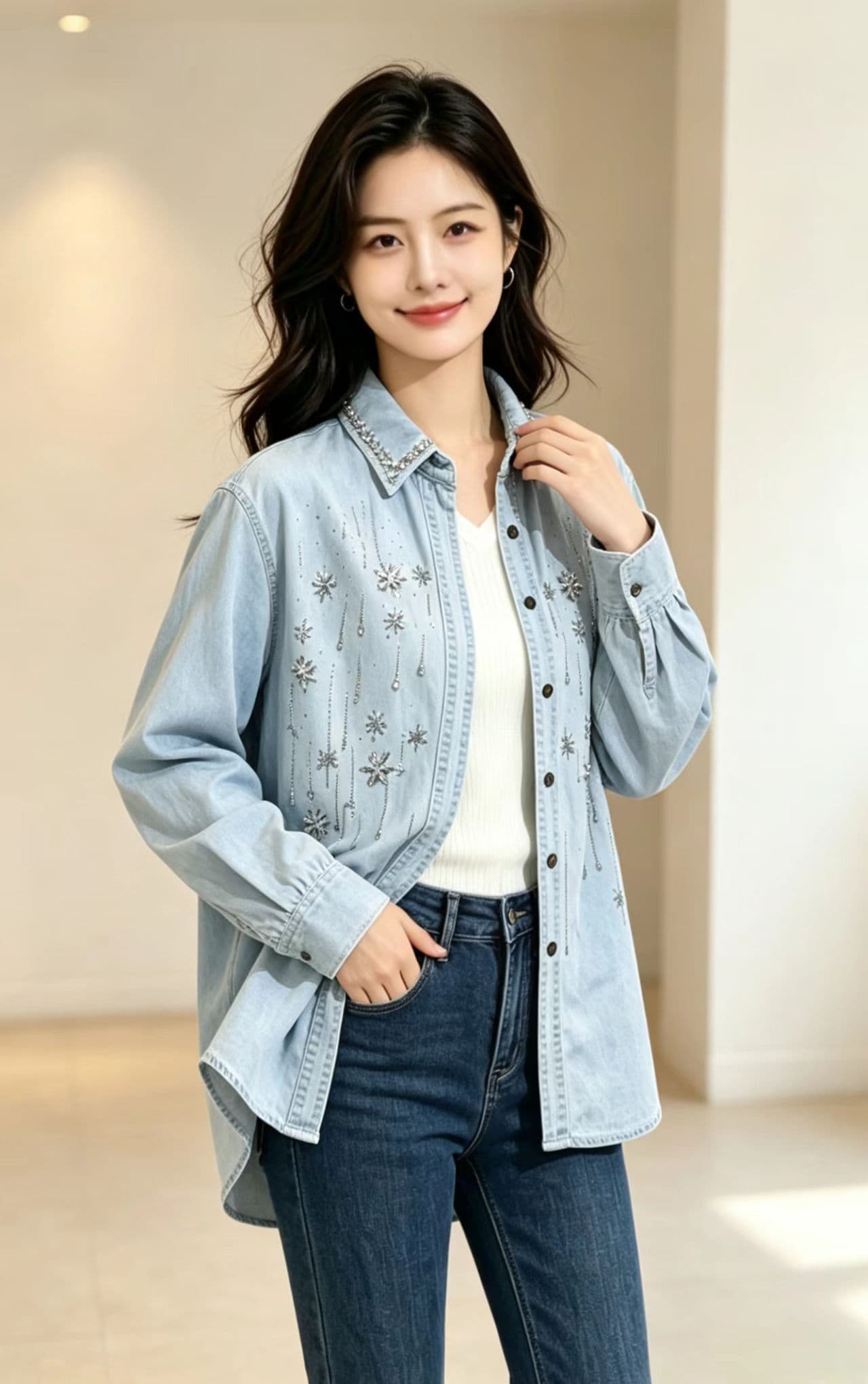 한국 동대문 데님 셔츠 여성 코트 무거운 작업 유럽 역 이미지 2