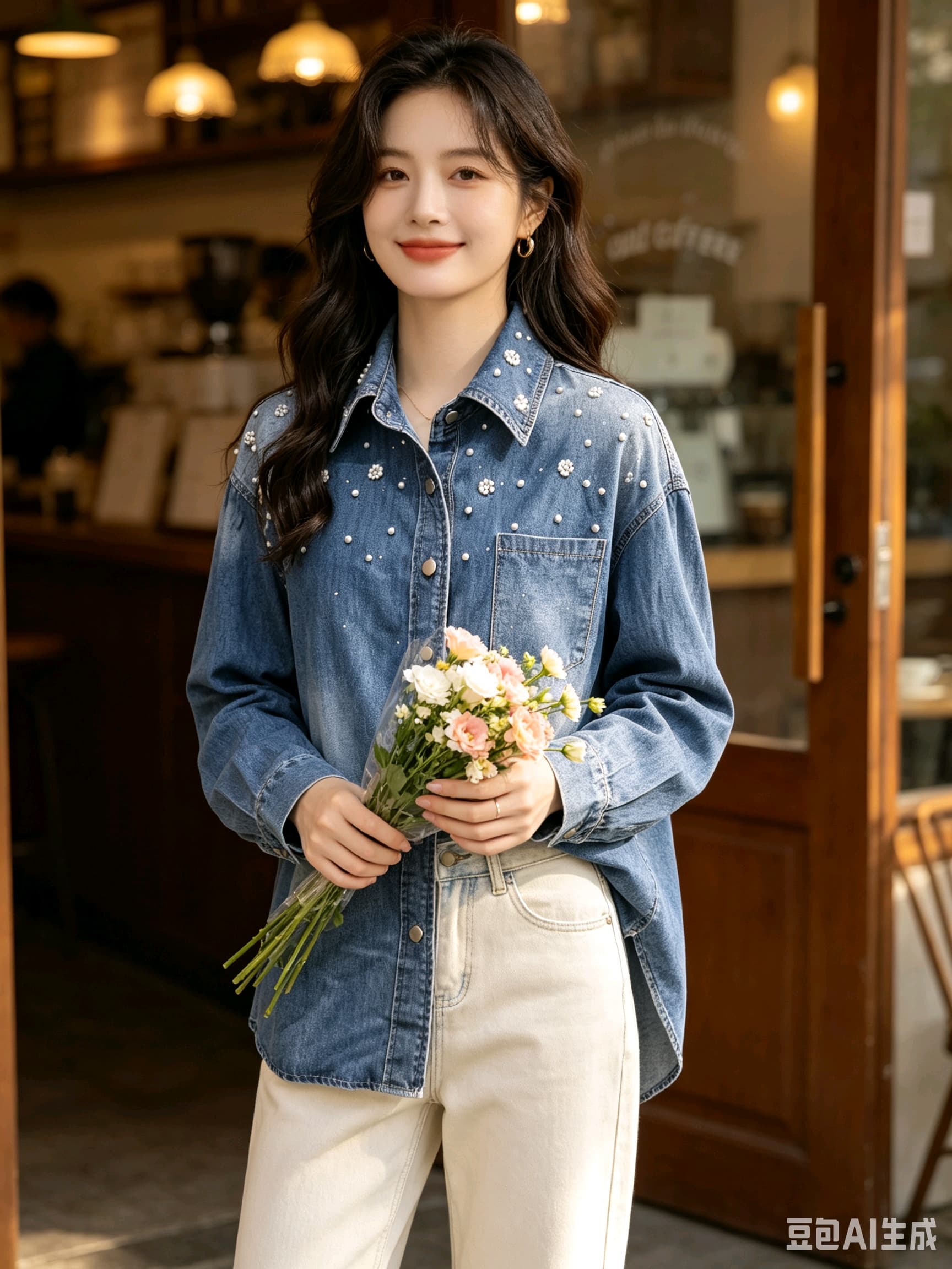 봄 가을 여름 섹션 여성 의류 프랑스식 신선함 캐주얼 면 소재 파란색 폴로 칼라 모방 진주 장식 데님 셔츠 상세 이미지 4