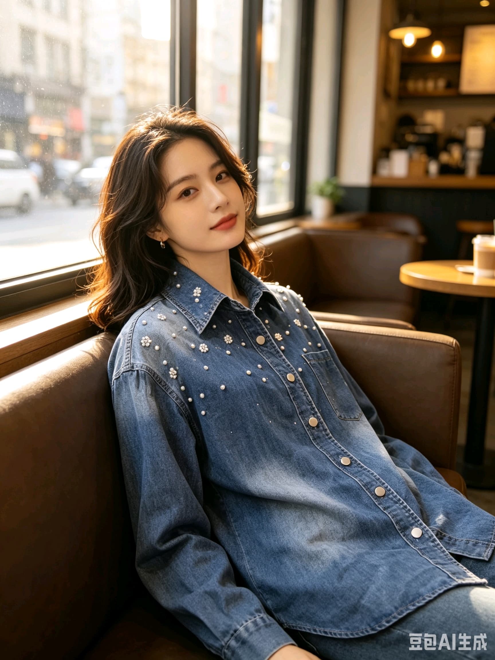 봄 가을 여름 섹션 여성 의류 프랑스식 신선함 캐주얼 면 소재 파란색 폴로 칼라 모방 진주 장식 데님 셔츠 상세 이미지 7