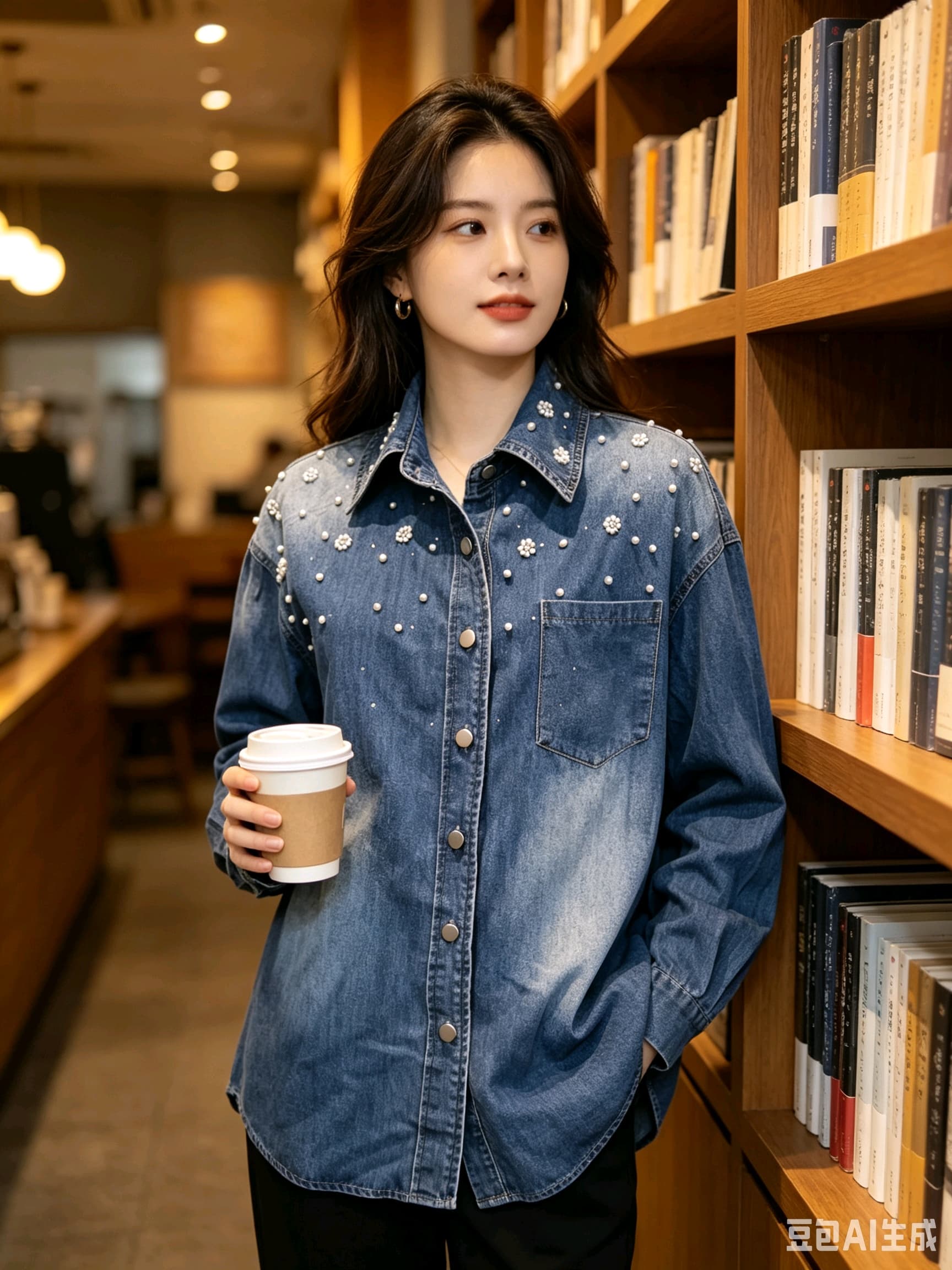 봄 가을 여름 섹션 여성 의류 프랑스식 신선함 캐주얼 면 소재 파란색 폴로 칼라 모방 진주 장식 데님 셔츠 상세 이미지 8