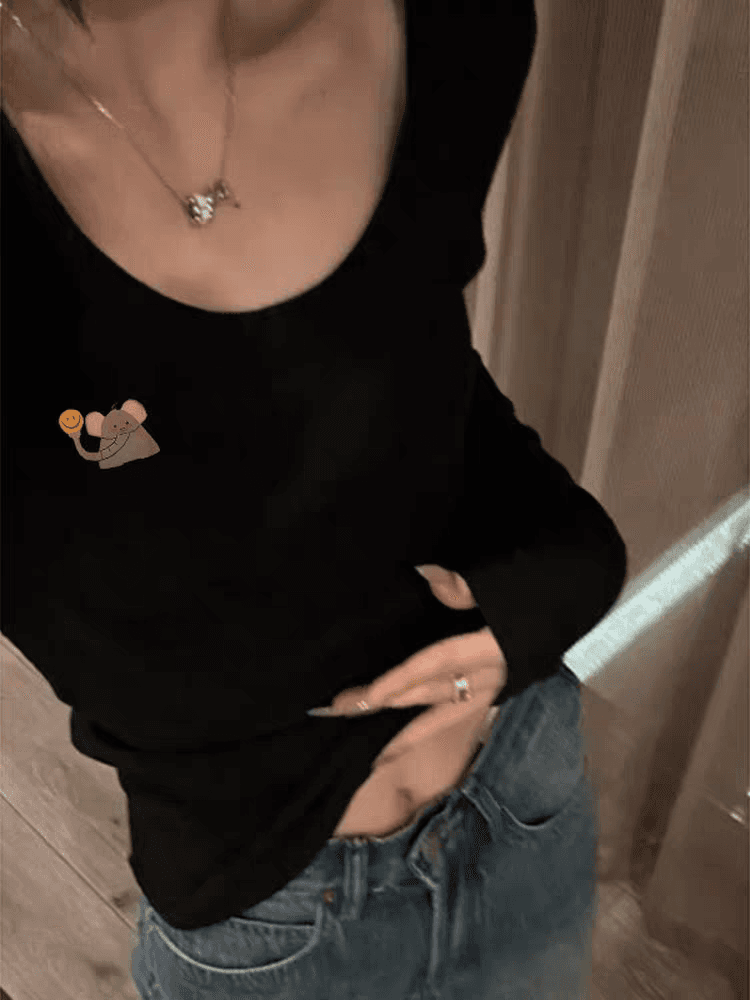 순수한 욕망 u 칼라 긴팔 티셔츠 여성 여름 몸매 가꾸기 만화 프린트 인사이드 가져 가라. 기본 셔츠 고급 센스 Chic 쇄골 맨위 이미지 3