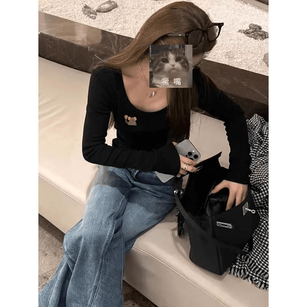 순수한 욕망 u 칼라 긴팔 티셔츠 여성 여름 몸매 가꾸기 만화 프린트 인사이드 가져 가라. 기본 셔츠 고급 센스 Chic 쇄골 맨위 이미지 5
