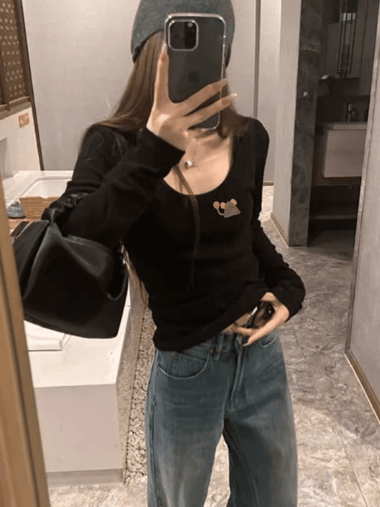 순수한 욕망 u 칼라 긴팔 티셔츠 여성 여름 몸매 가꾸기 만화 프린트 인사이드 가져 가라. 기본 셔츠 고급 센스 Chic 쇄골 맨위 상세 이미지 2