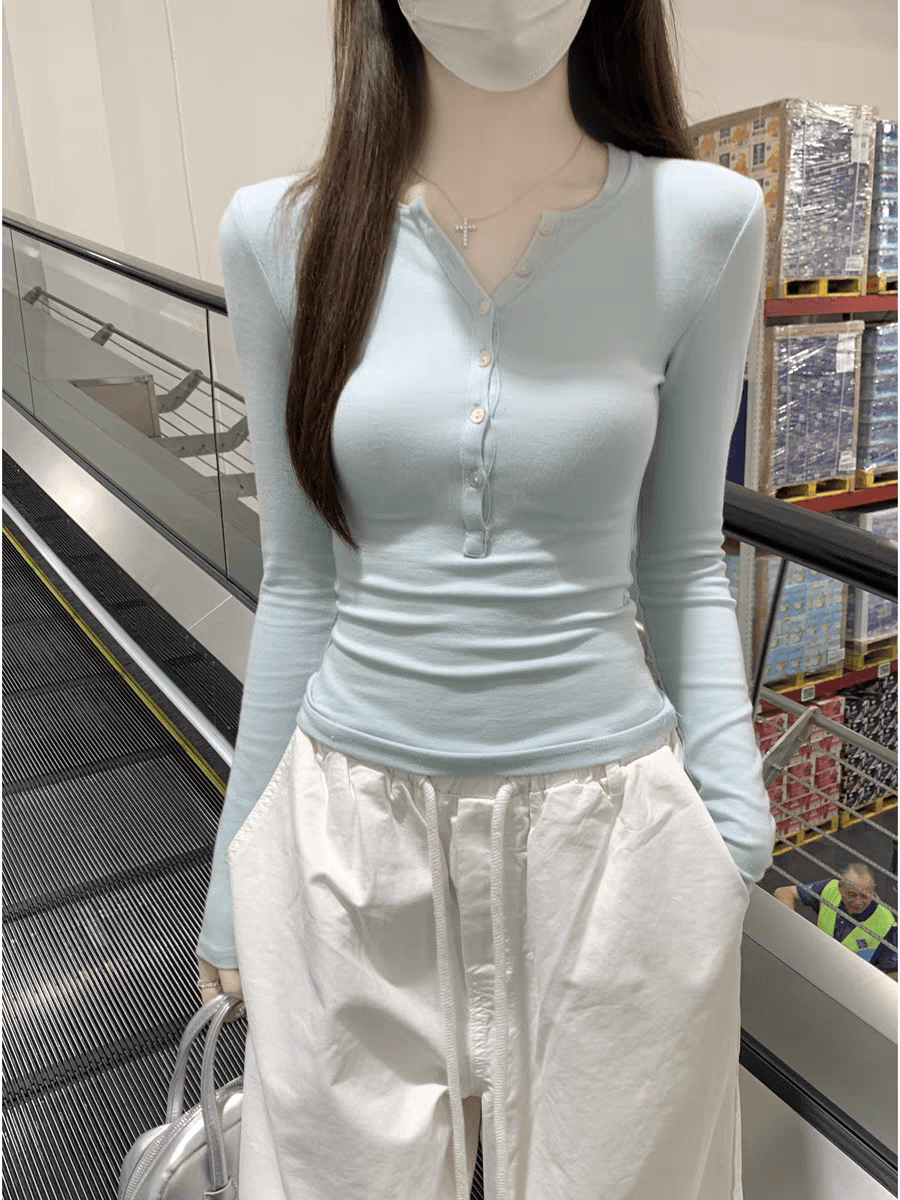 한 부서 출퇴근 바람 반 개방 칼라 디자인 센스 단추 티셔츠 여성 여름 긴팔 몸매 가꾸기 슈퍼 잘 생긴 기본 셔츠 맨위 상세 이미지 3