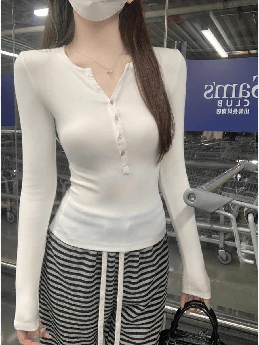 한 부서 출퇴근 바람 반 개방 칼라 디자인 센스 단추 티셔츠 여성 여름 긴팔 몸매 가꾸기 슈퍼 잘 생긴 기본 셔츠 맨위 상세 이미지 5