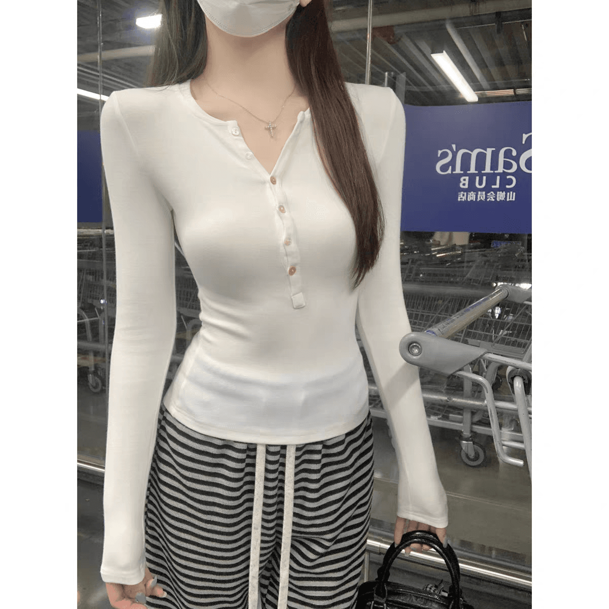 한 부서 출퇴근 바람 반 개방 칼라 디자인 센스 단추 티셔츠 여성 여름 긴팔 몸매 가꾸기 슈퍼 잘 생긴 기본 셔츠 맨위 상세 이미지 7