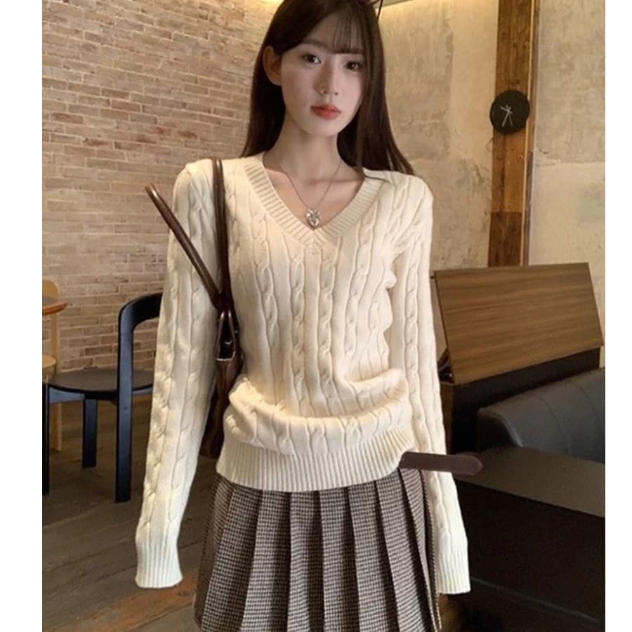 한 부서 V넥 스웨터 여자 가을 겨울철 꽈배기 두꺼운 루즈핏 인사이드 가져 가라. 외출용 느긋한 바람 니트 스웨터 맨위