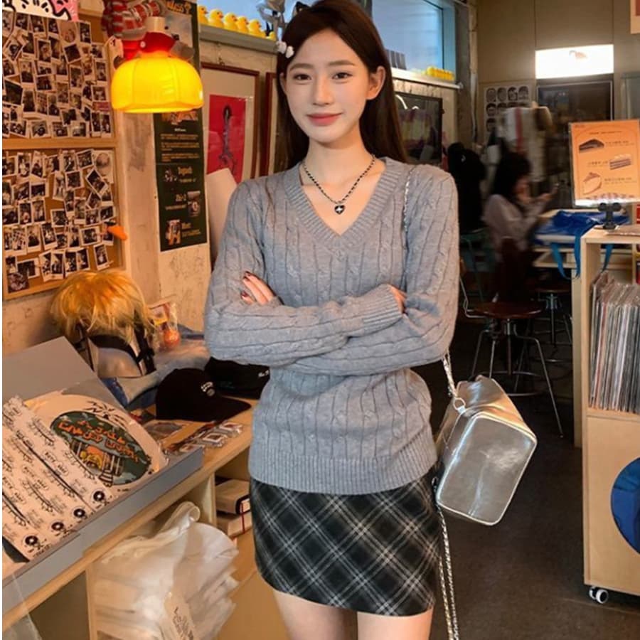 한 부서 V넥 스웨터 여자 가을 겨울철 꽈배기 두꺼운 루즈핏 인사이드 가져 가라. 외출용 느긋한 바람 니트 스웨터 맨위 이미지 4