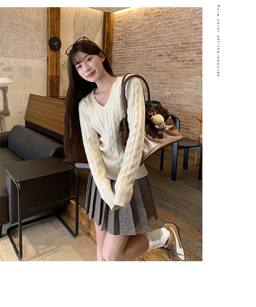 한 부서 V넥 스웨터 여자 가을 겨울철 꽈배기 두꺼운 루즈핏 인사이드 가져 가라. 외출용 느긋한 바람 니트 스웨터 맨위 상세 이미지 8