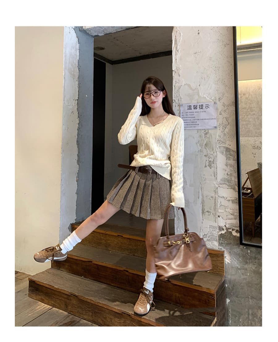 한 부서 V넥 스웨터 여자 가을 겨울철 꽈배기 두꺼운 루즈핏 인사이드 가져 가라. 외출용 느긋한 바람 니트 스웨터 맨위 상세 이미지 9