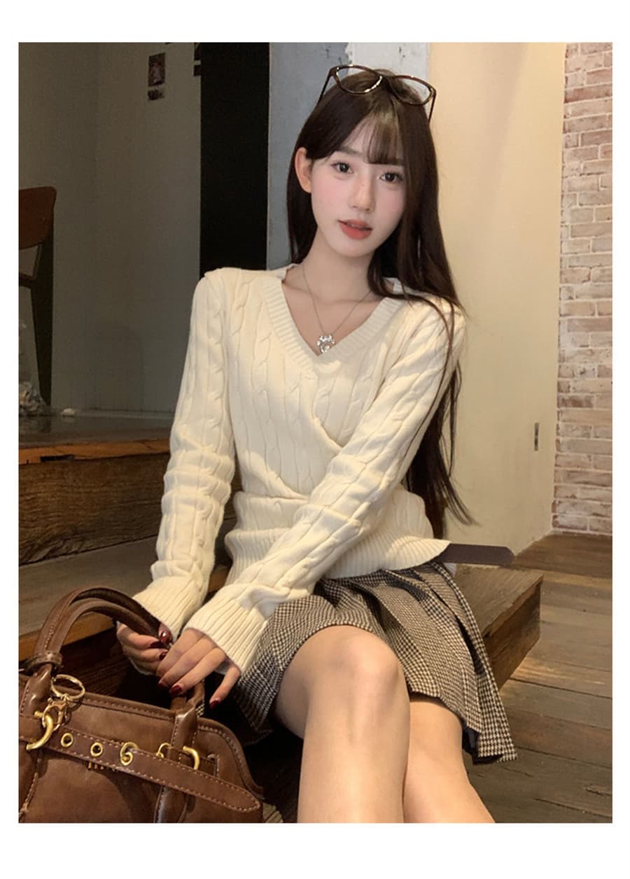 한 부서 V넥 스웨터 여자 가을 겨울철 꽈배기 두꺼운 루즈핏 인사이드 가져 가라. 외출용 느긋한 바람 니트 스웨터 맨위 상세 이미지 11