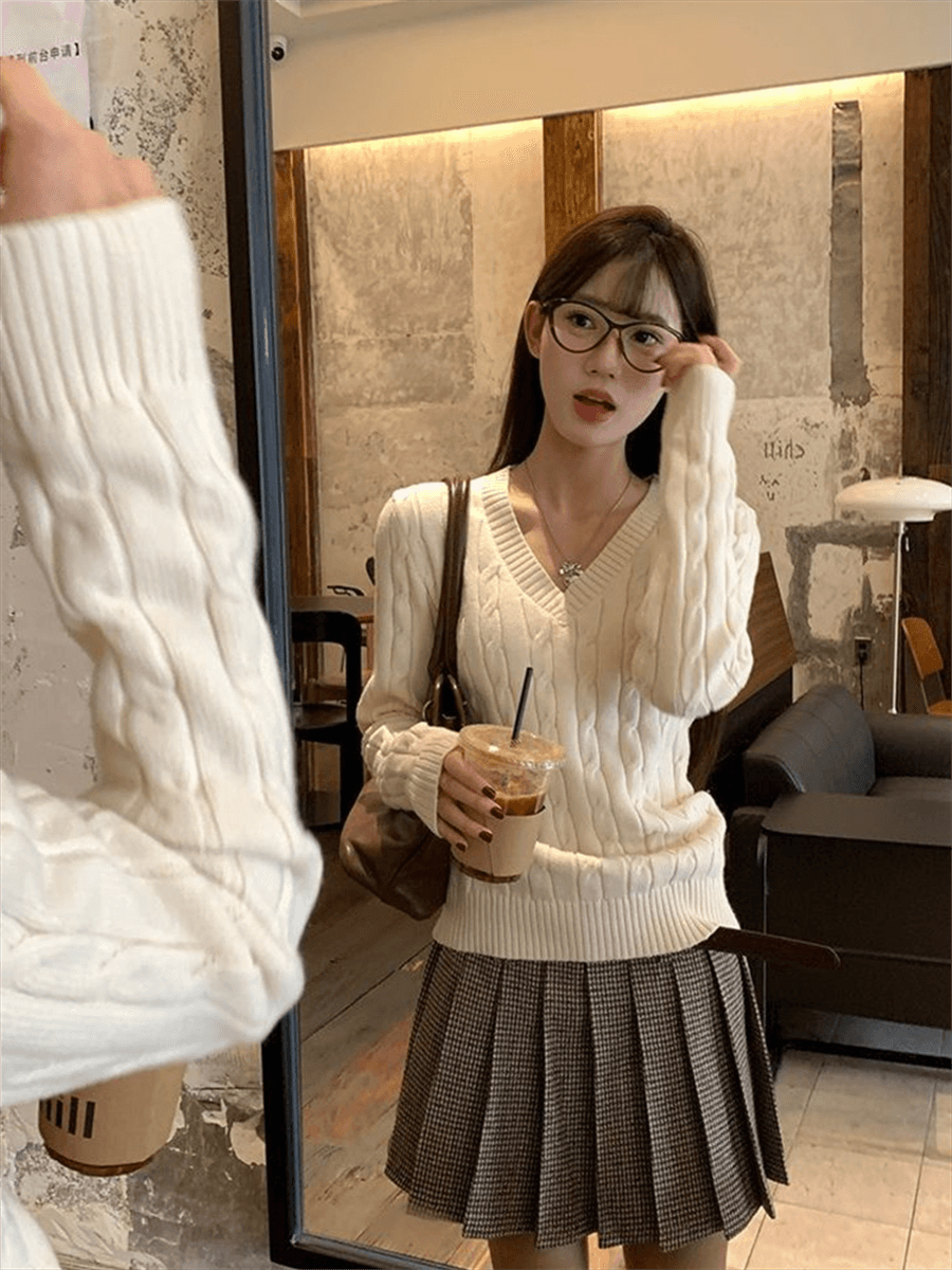 한 부서 V넥 스웨터 여자 가을 겨울철 꽈배기 두꺼운 루즈핏 인사이드 가져 가라. 외출용 느긋한 바람 니트 스웨터 맨위 상세 이미지 17