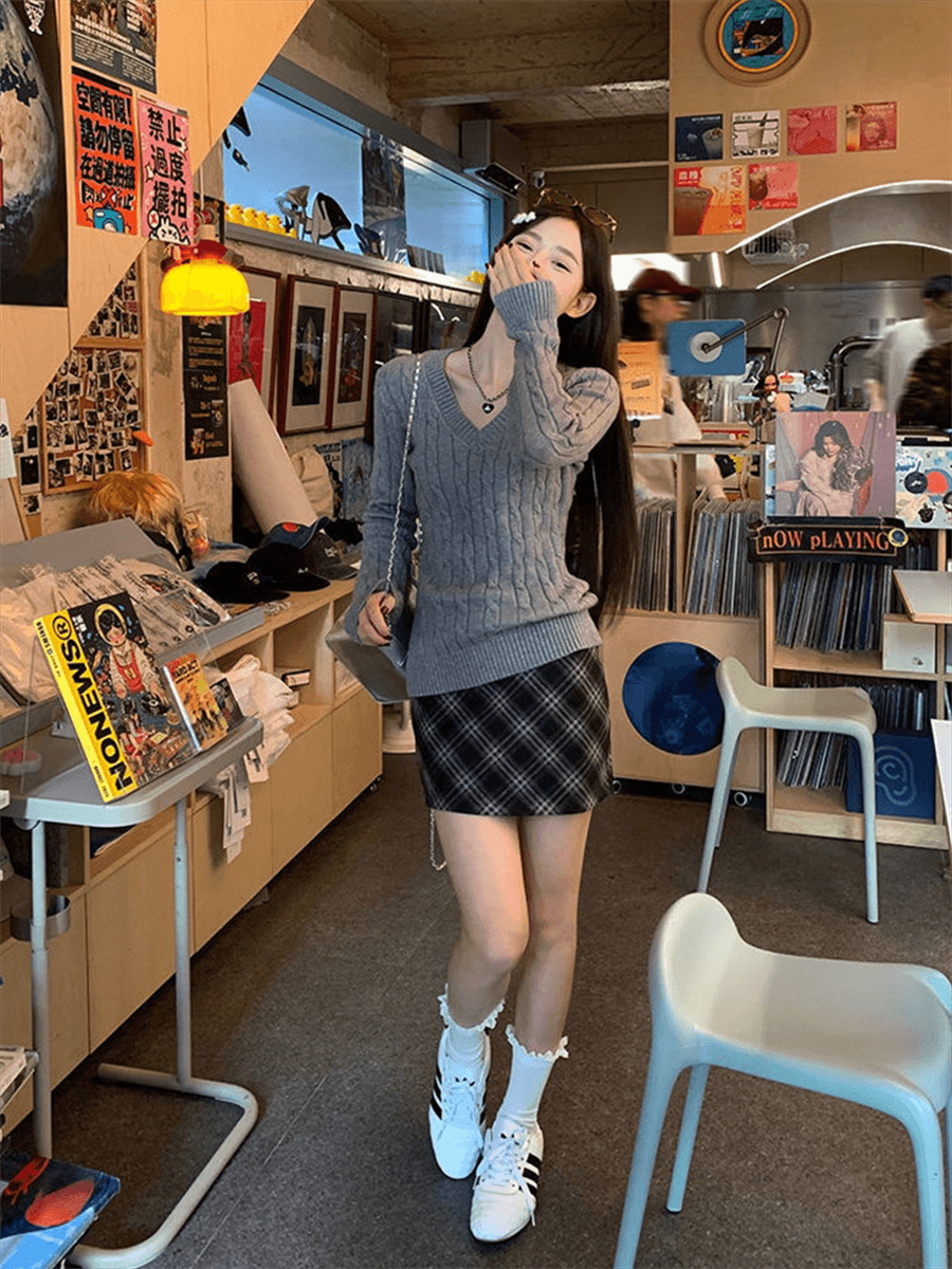 한 부서 V넥 스웨터 여자 가을 겨울철 꽈배기 두꺼운 루즈핏 인사이드 가져 가라. 외출용 느긋한 바람 니트 스웨터 맨위 상세 이미지 18