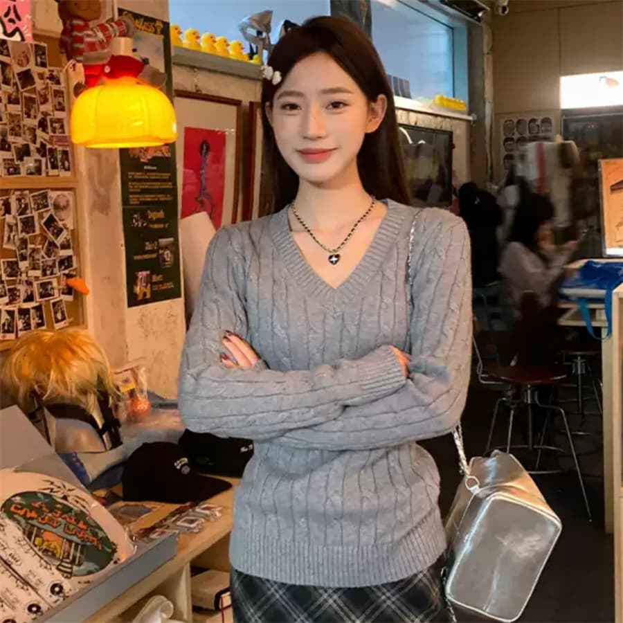 한 부서 V넥 스웨터 여자 가을 겨울철 꽈배기 두꺼운 루즈핏 인사이드 가져 가라. 외출용 느긋한 바람 니트 스웨터 맨위 상세 이미지 20