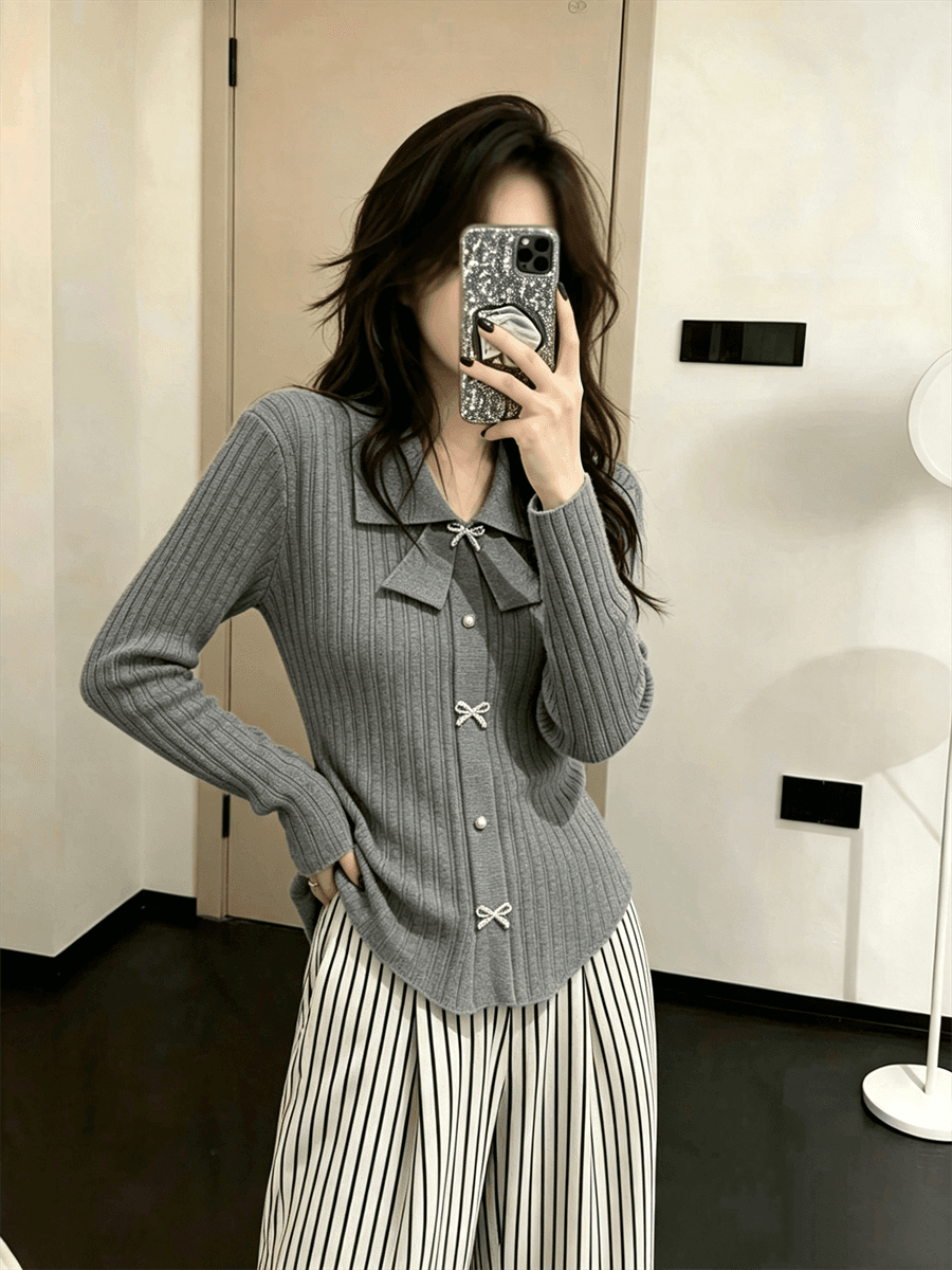 작은 샤넬 스타일 나비 매듭 POLO 칼라 긴팔 맨위 몸매 가꾸기 여성 만나는 니트 스웨터 스웨터 인사이드 가져 가라. 상세 이미지 8