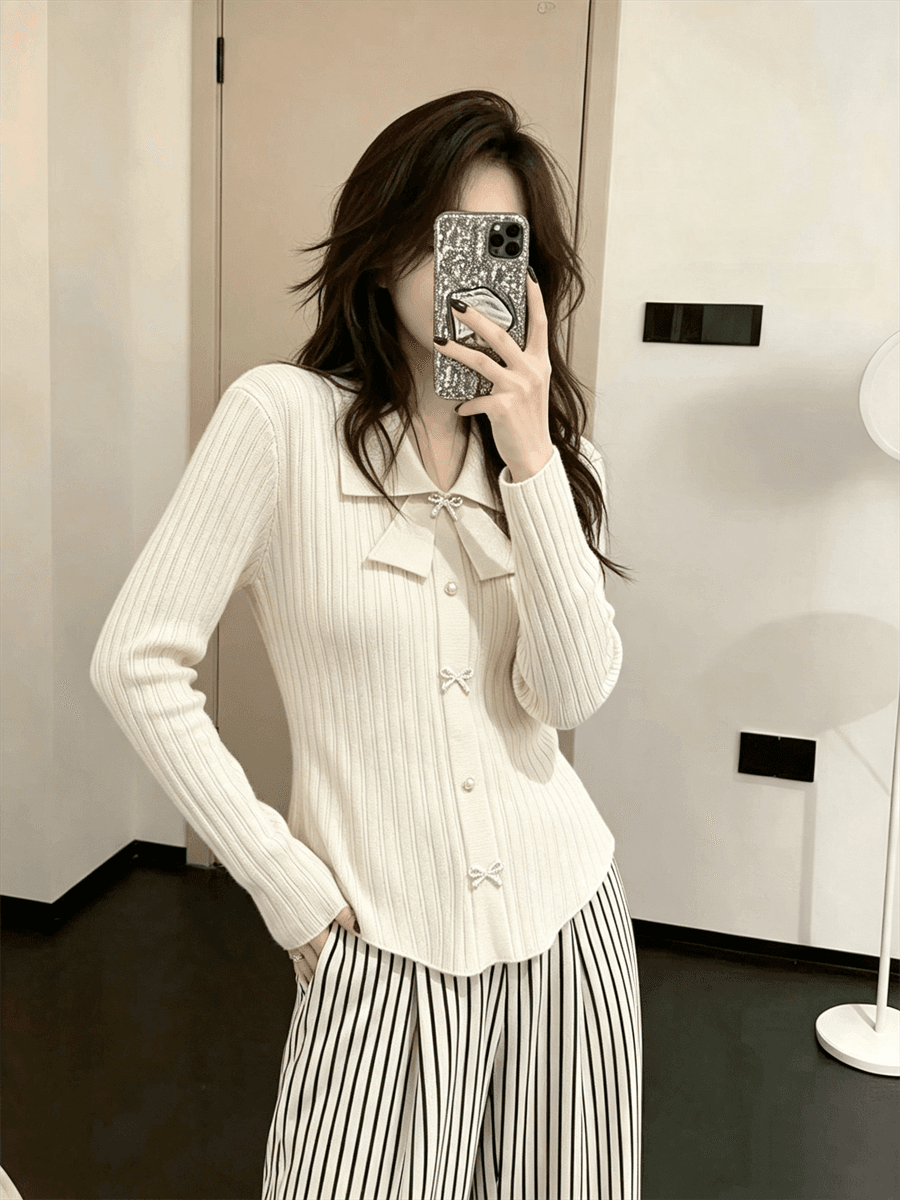 작은 샤넬 스타일 나비 매듭 POLO 칼라 긴팔 맨위 몸매 가꾸기 여성 만나는 니트 스웨터 스웨터 인사이드 가져 가라. 상세 이미지 11