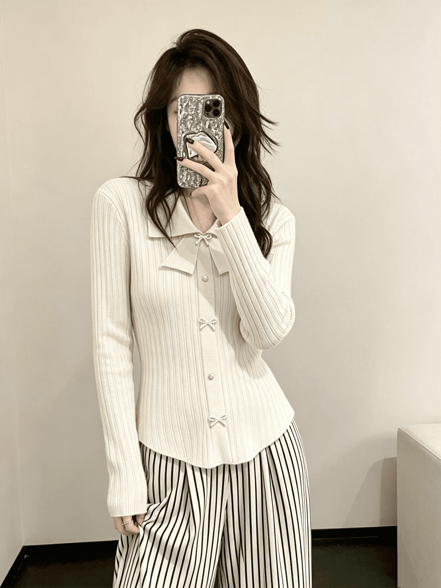 작은 샤넬 스타일 나비 매듭 POLO 칼라 긴팔 맨위 몸매 가꾸기 여성 만나는 니트 스웨터 스웨터 인사이드 가져 가라. 상세 이미지 12