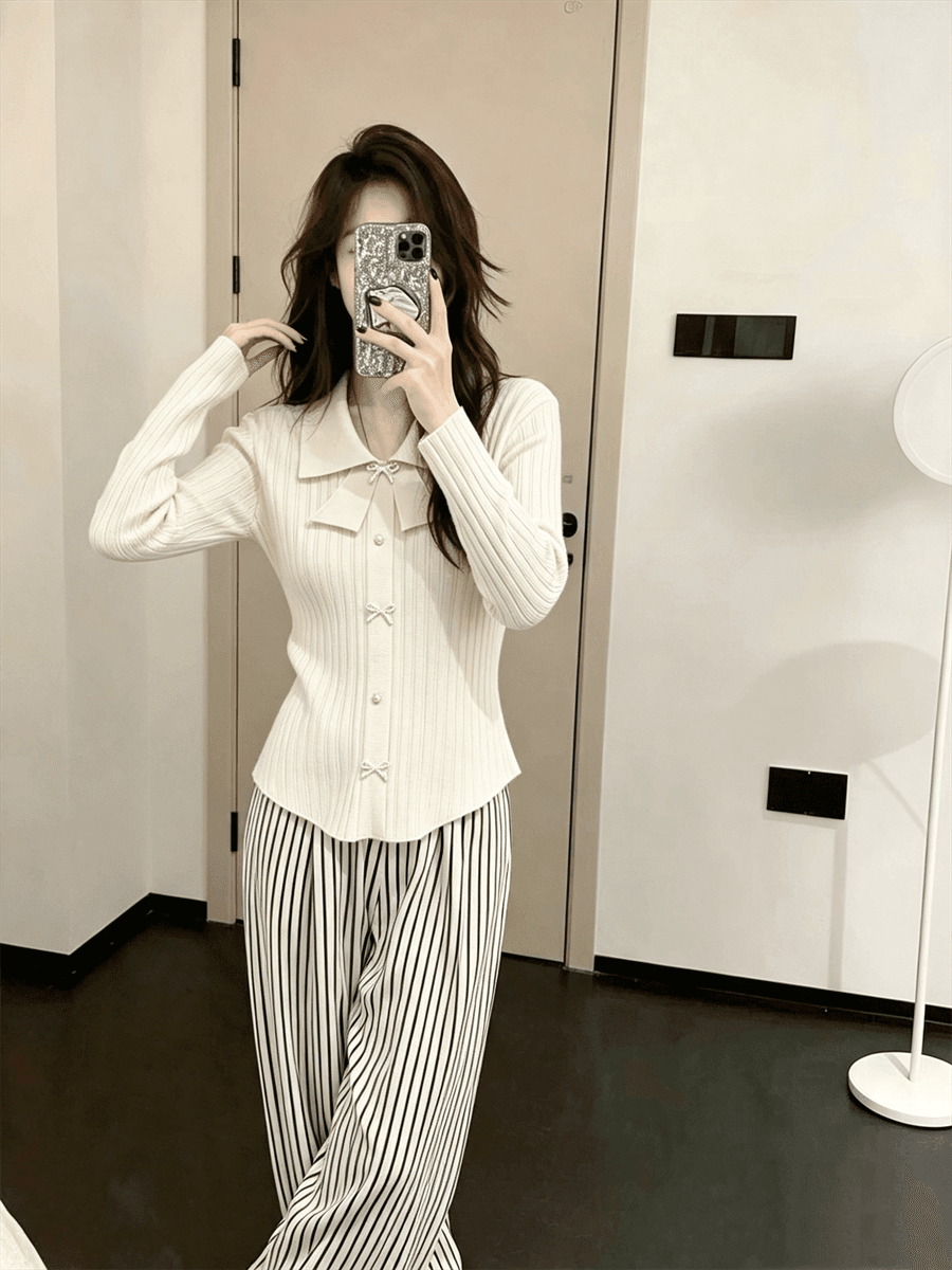작은 샤넬 스타일 나비 매듭 POLO 칼라 긴팔 맨위 몸매 가꾸기 여성 만나는 니트 스웨터 스웨터 인사이드 가져 가라. 상세 이미지 13
