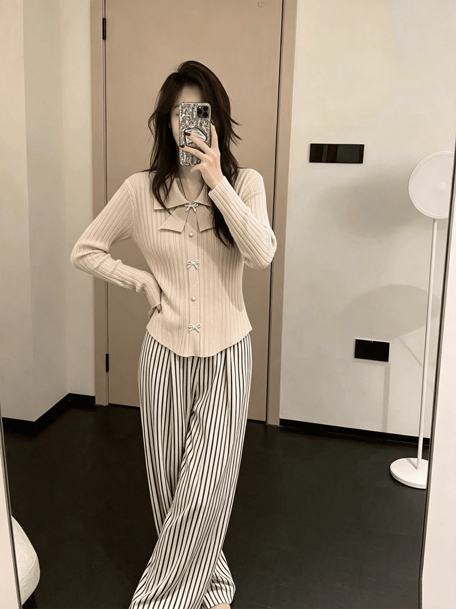 작은 샤넬 스타일 나비 매듭 POLO 칼라 긴팔 맨위 몸매 가꾸기 여성 만나는 니트 스웨터 스웨터 인사이드 가져 가라. 상세 이미지 16