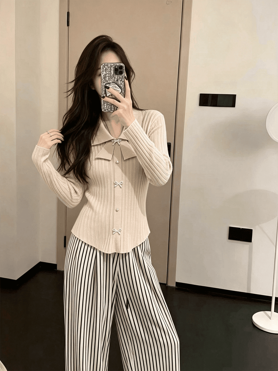 작은 샤넬 스타일 나비 매듭 POLO 칼라 긴팔 맨위 몸매 가꾸기 여성 만나는 니트 스웨터 스웨터 인사이드 가져 가라. 상세 이미지 17