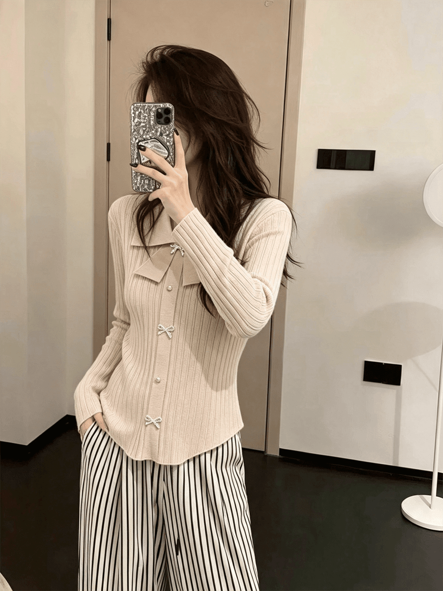 작은 샤넬 스타일 나비 매듭 POLO 칼라 긴팔 맨위 몸매 가꾸기 여성 만나는 니트 스웨터 스웨터 인사이드 가져 가라. 상세 이미지 18