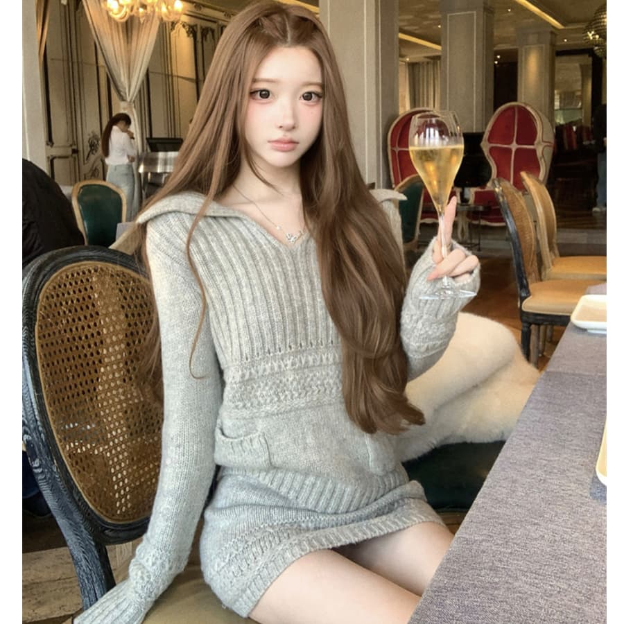 작은 키 한 부서 느긋한 바람 회색 니트 원피스 아이들 가을 겨울 새로운 스웨터 세트 타이트 스커트 투피스 세트