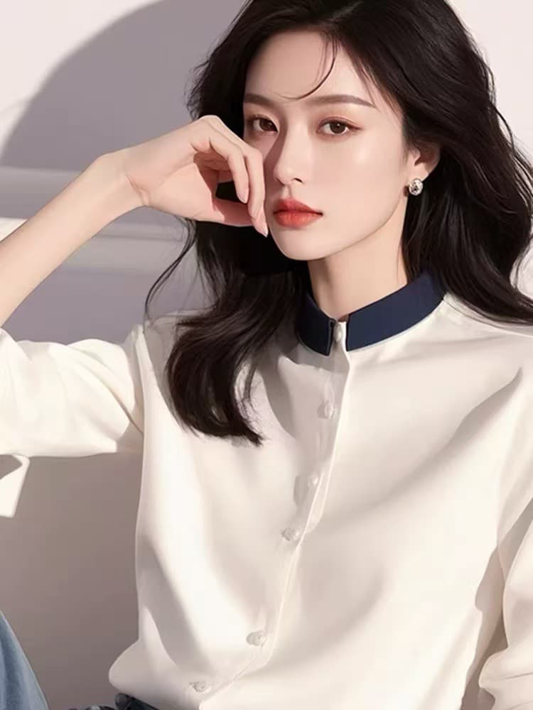 프랑스식 빛 럭셔리 긴팔 여성 셔츠 디자인 센스 작은 대중 봄 가을 고유 한 Chic 슈퍼 잘 생긴 패치워크 색상 아름다운 맨위 이미지 3