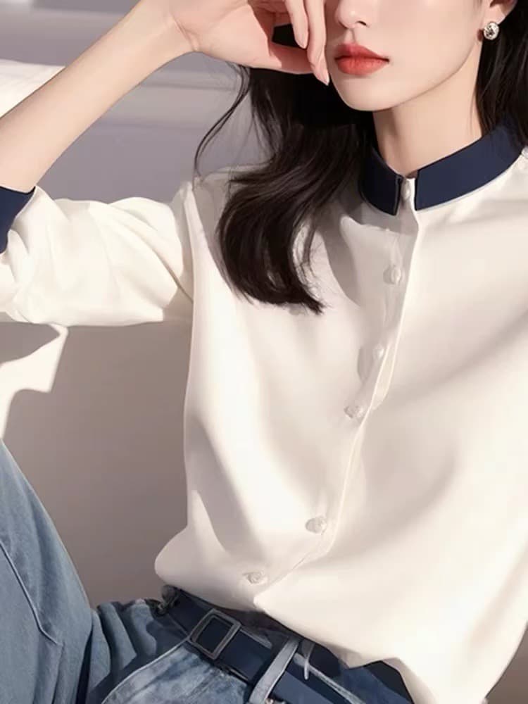 프랑스식 빛 럭셔리 긴팔 여성 셔츠 디자인 센스 작은 대중 봄 가을 고유 한 Chic 슈퍼 잘 생긴 패치워크 색상 아름다운 맨위 상세 이미지 1