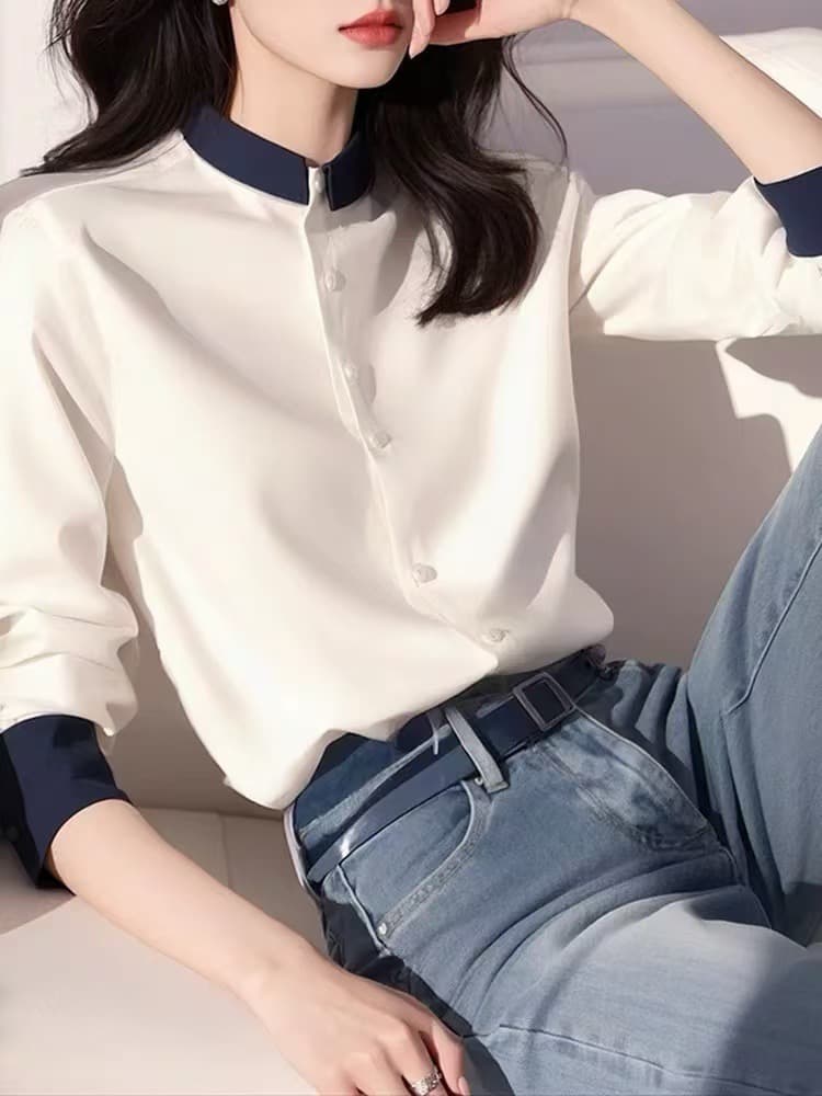 프랑스식 빛 럭셔리 긴팔 여성 셔츠 디자인 센스 작은 대중 봄 가을 고유 한 Chic 슈퍼 잘 생긴 패치워크 색상 아름다운 맨위 상세 이미지 2