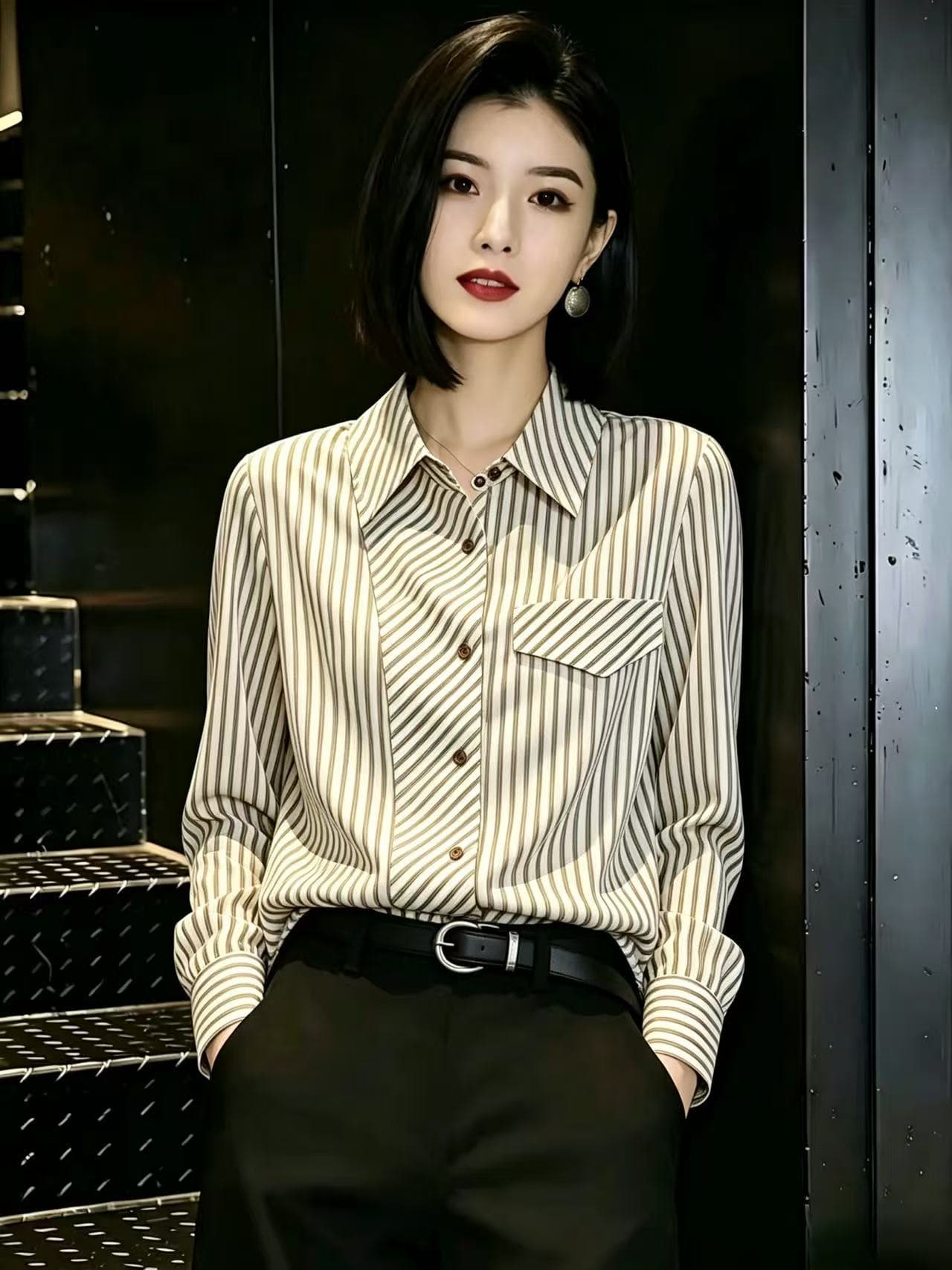 프랑스식 디자인 센스 루즈핏 스트라이프 긴팔 여성 셔츠 2026 가을 의상 새로운 출퇴근 미니멀리즘 품격 맨위 상세 이미지 3