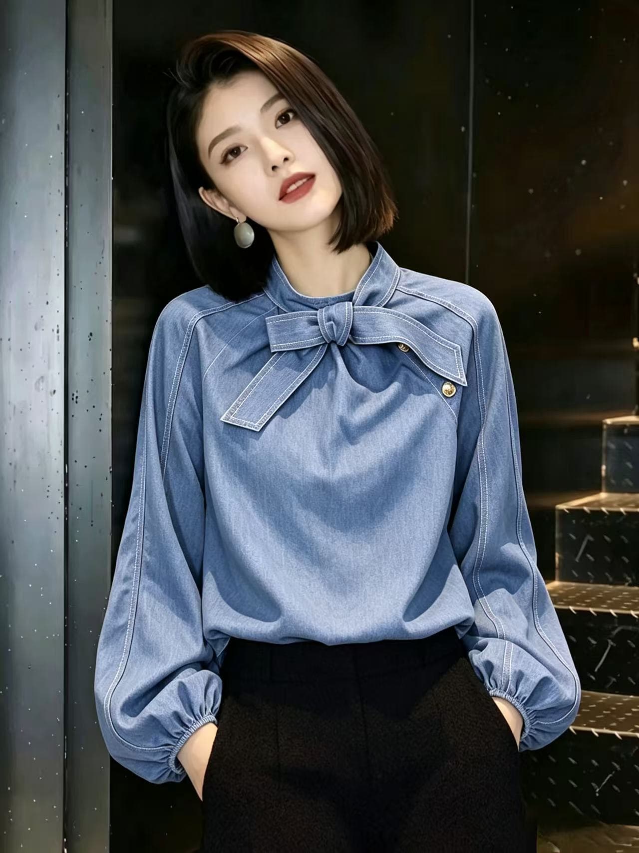 디자인 센스 작은 대중 벌룬 소매 여성 셔츠 2026 가을 의상 새로운 프랑스식 레트로 긴팔 셔츠 나비 매듭 맨위
