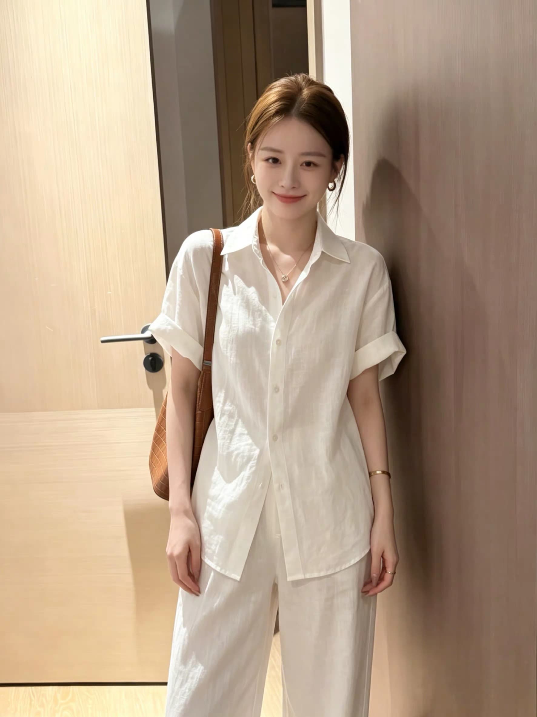 오래된 돈 바람 화이트 polo 폴로 칼라 마 면 반팔 여성 셔츠 여름 고급 센스 루즈핏 느긋한 오픈 가디건 셔츠 트렌디 상세 이미지 4