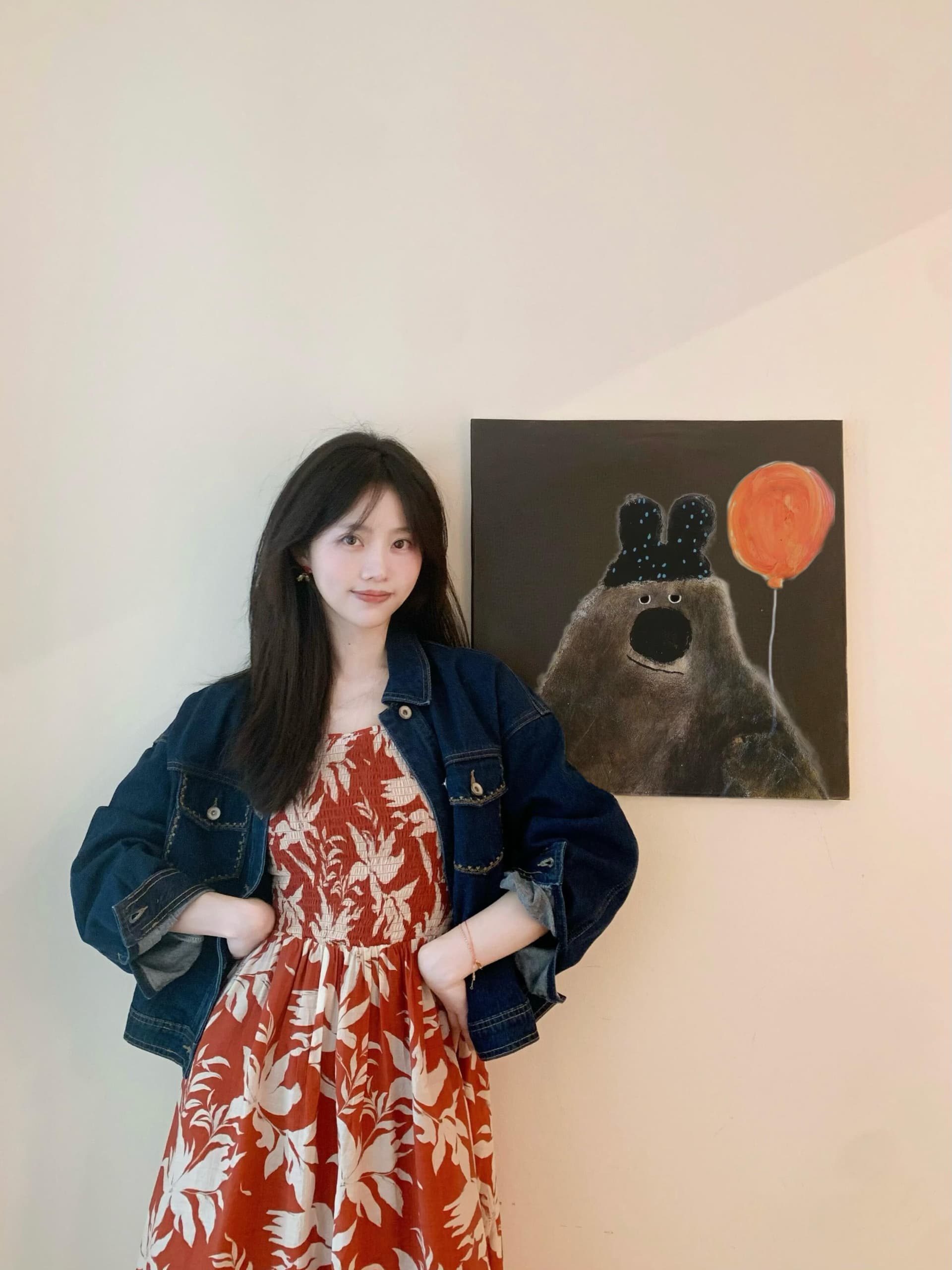 2026 가을 레트로 부드럽다 폴로 칼라 파란색 데님 재킷 해변가 휴가 바람 프린트 슬립 드레스 투피스 세트 이미지 3