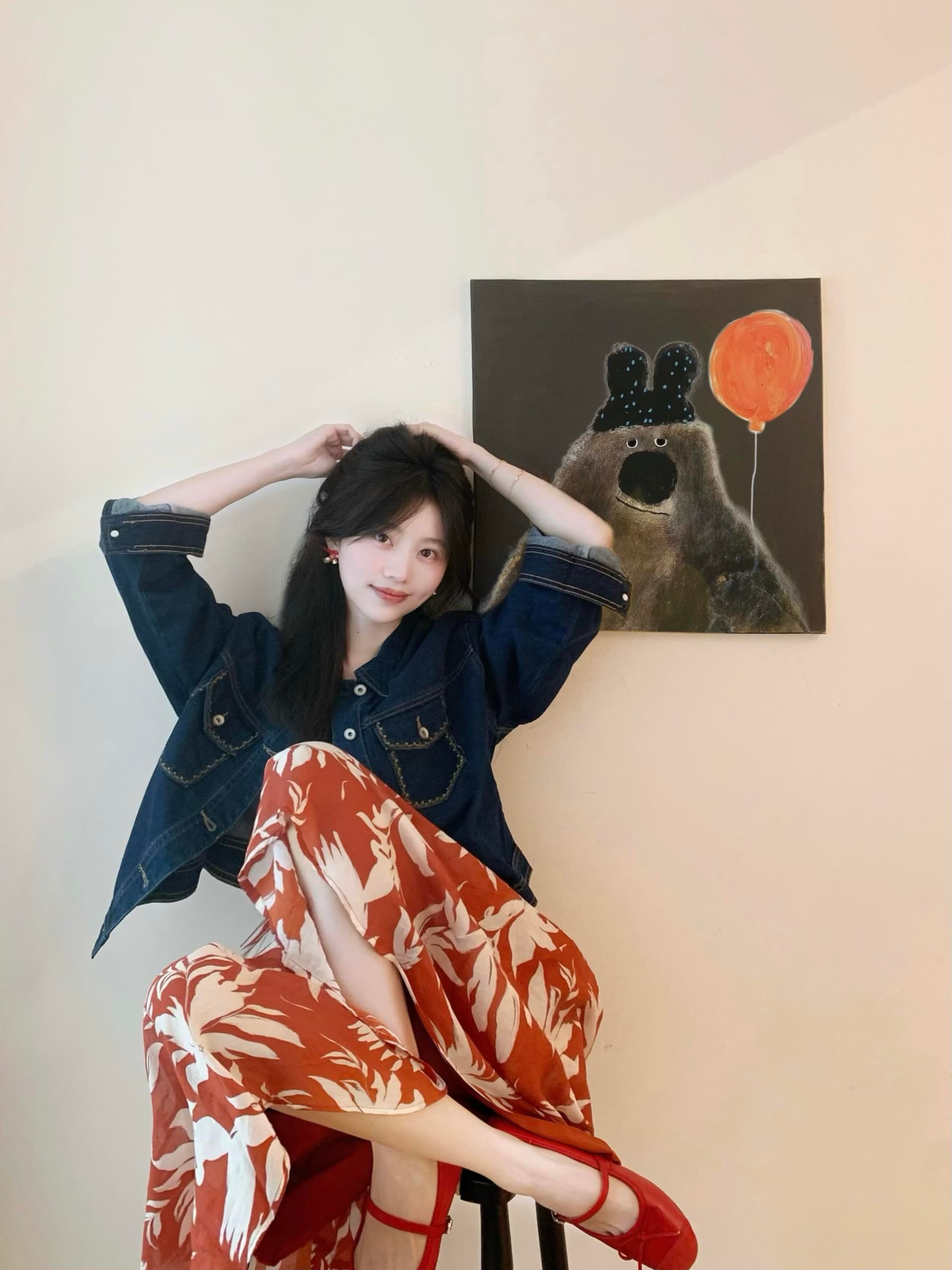 2026 가을 레트로 부드럽다 폴로 칼라 파란색 데님 재킷 해변가 휴가 바람 프린트 슬립 드레스 투피스 세트 상세 이미지 1