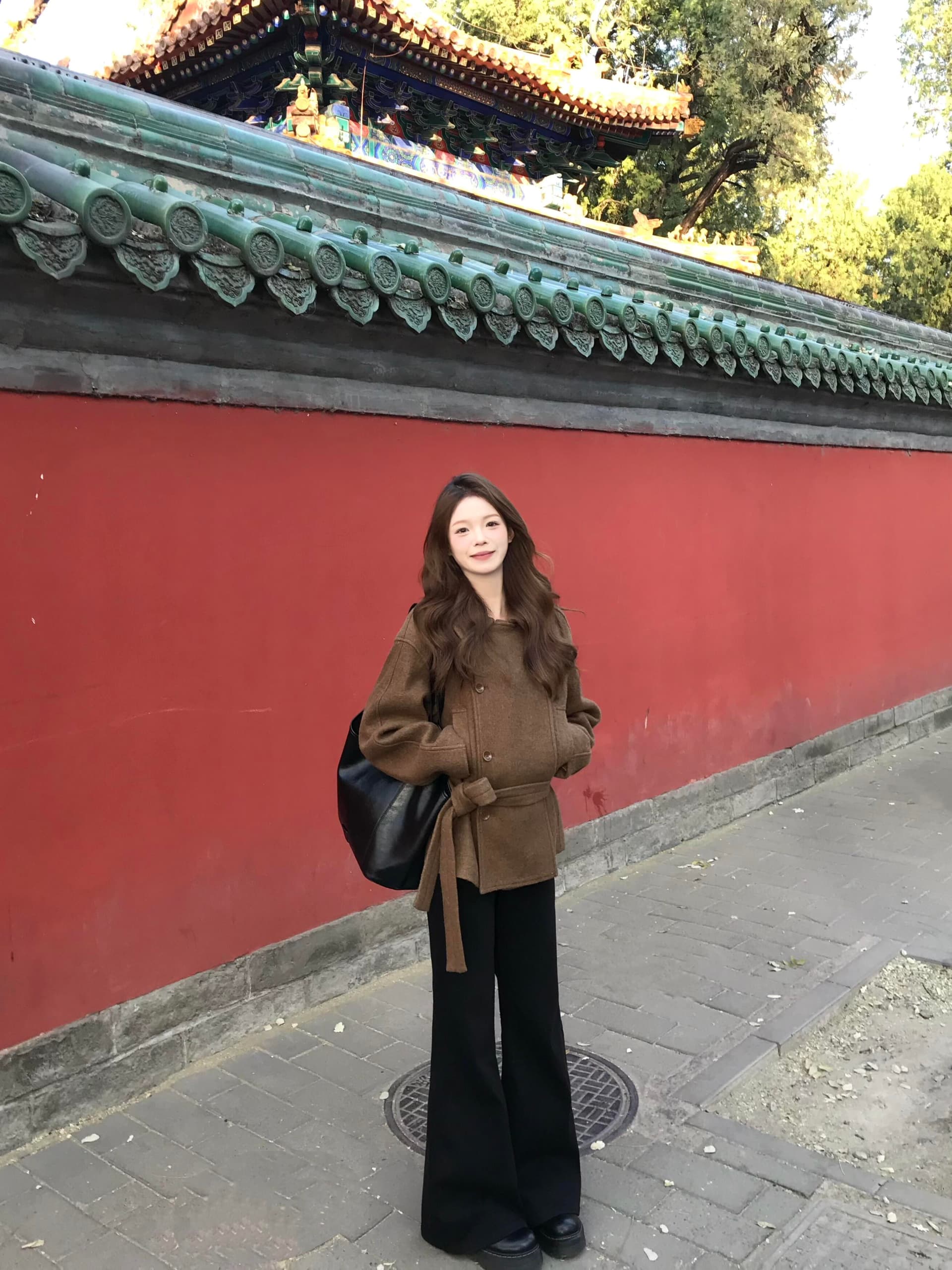 가을 겨울 코트 시리즈 벨트 섹션 커피 색상 모직 코트 여성 코트