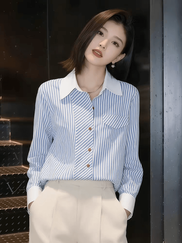 파란색 스트라이프 여성 셔츠 2026 봄 새로운 품격 출퇴근 프랑스식 셔츠 슬림해 보이는 긴팔 맨위